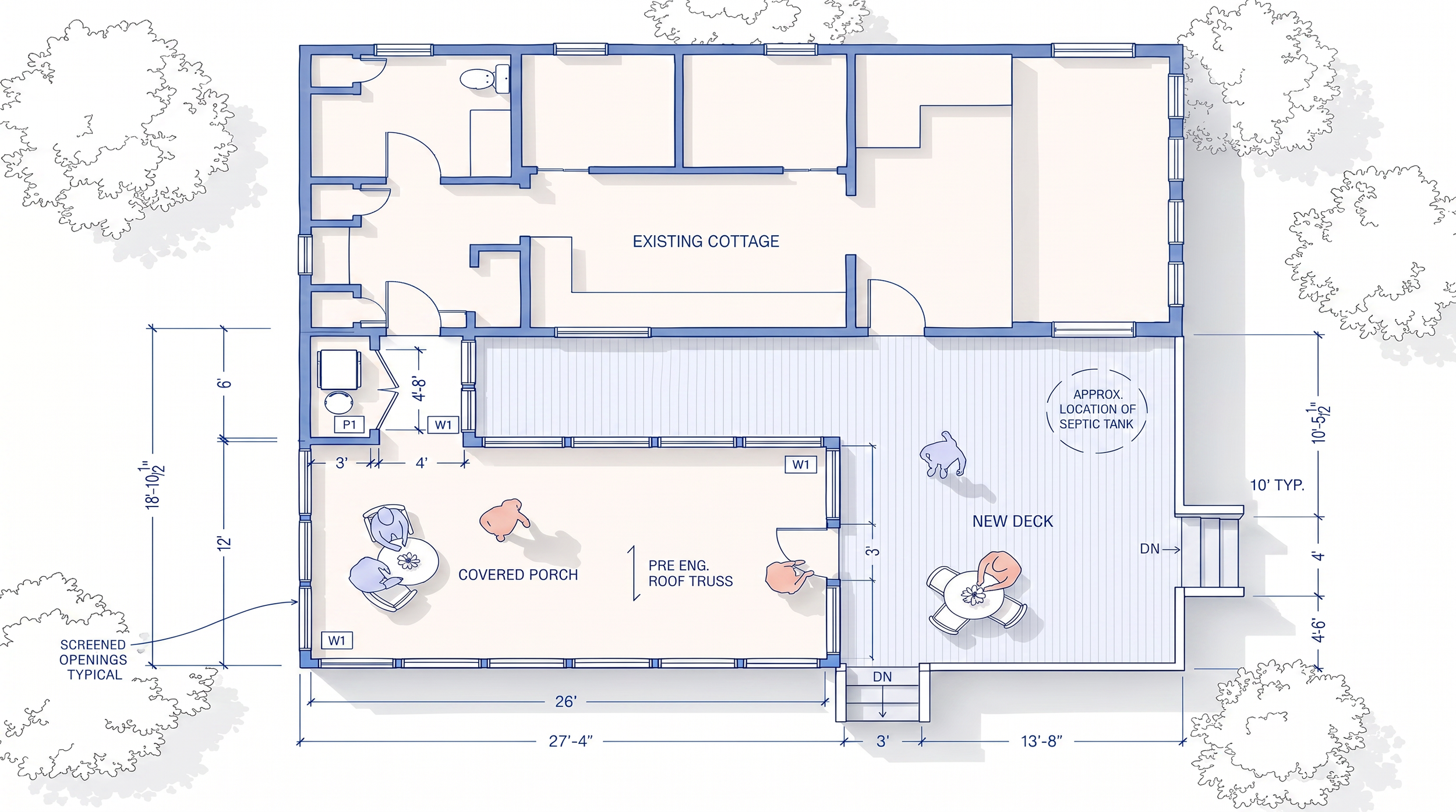 Blueprint of a house with labeled rooms including a covered porch, new deck, existing cottage, and various interior rooms, with measurements and trees surrounding the house.
