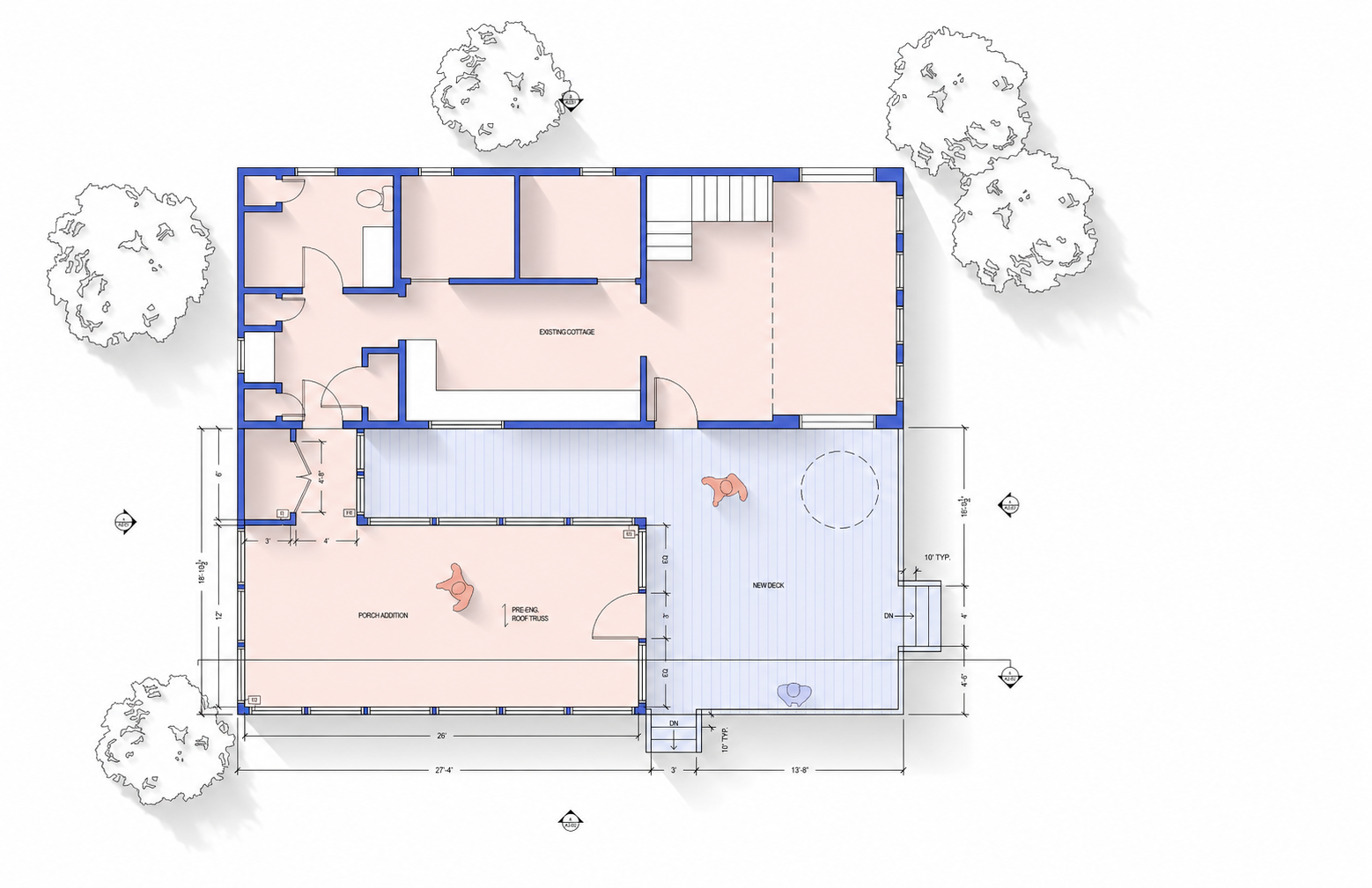 Blueprint of a house with labeled rooms including a covered porch, new deck, existing cottage, and various interior rooms, with measurements and trees surrounding the house.