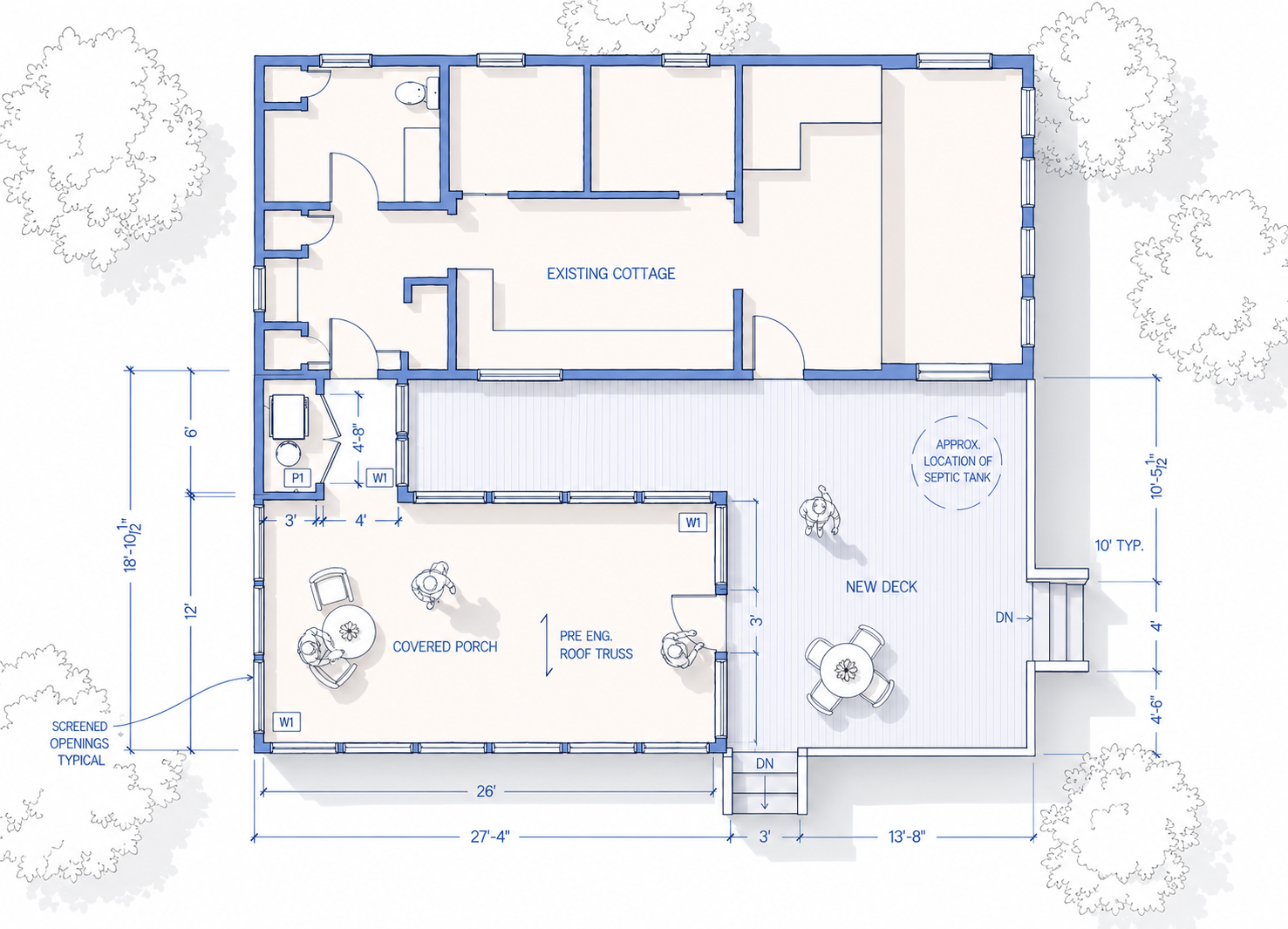Blueprint of a house with labeled areas including a covered porch, new deck, existing cottage, and various rooms. Shows measurements and placement of windows and doors.