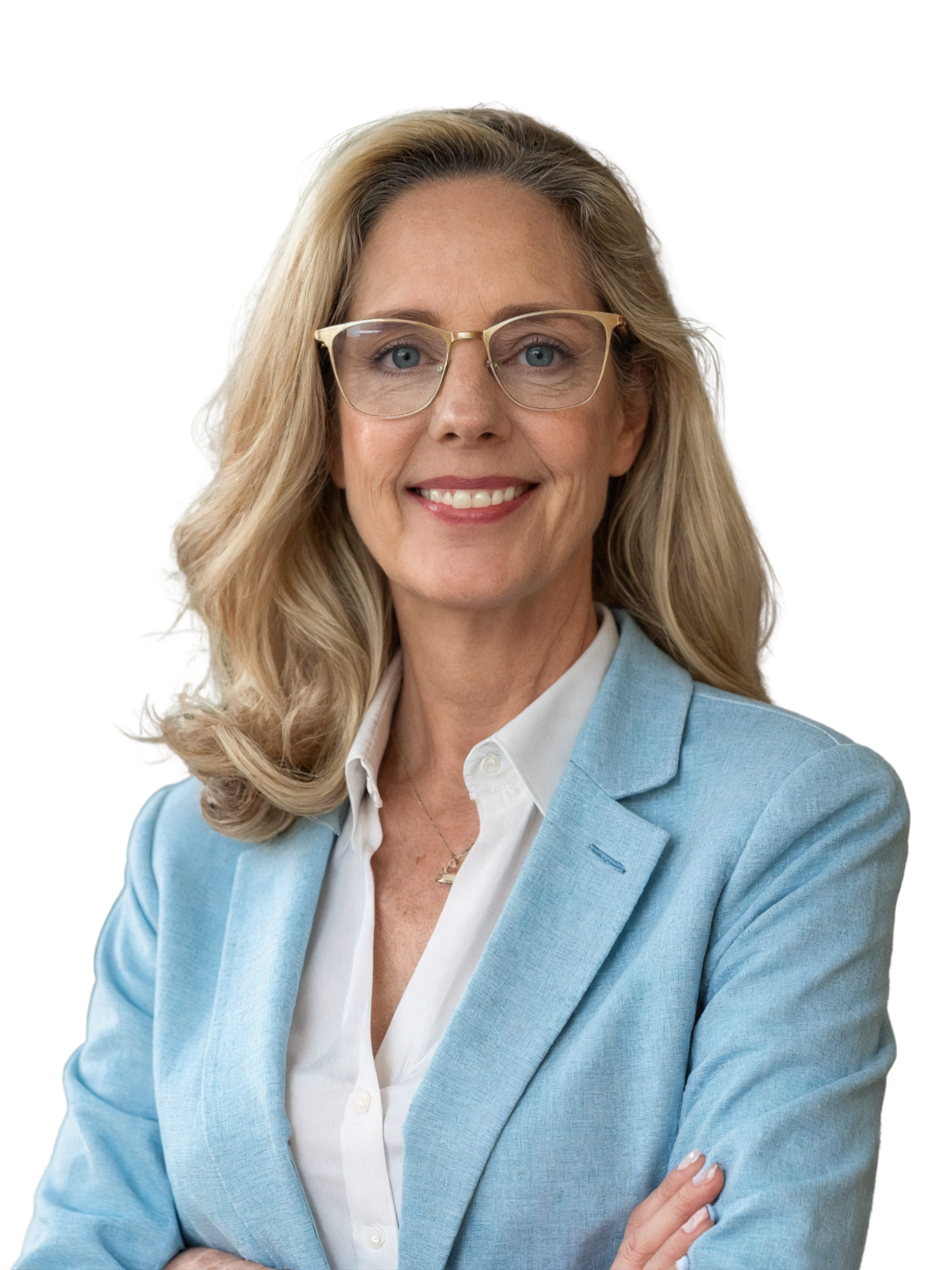 A woman with blonde, wavy hair, wearing glasses, a white shirt, and a light blue blazer, smiling and holding her arm across her chest.