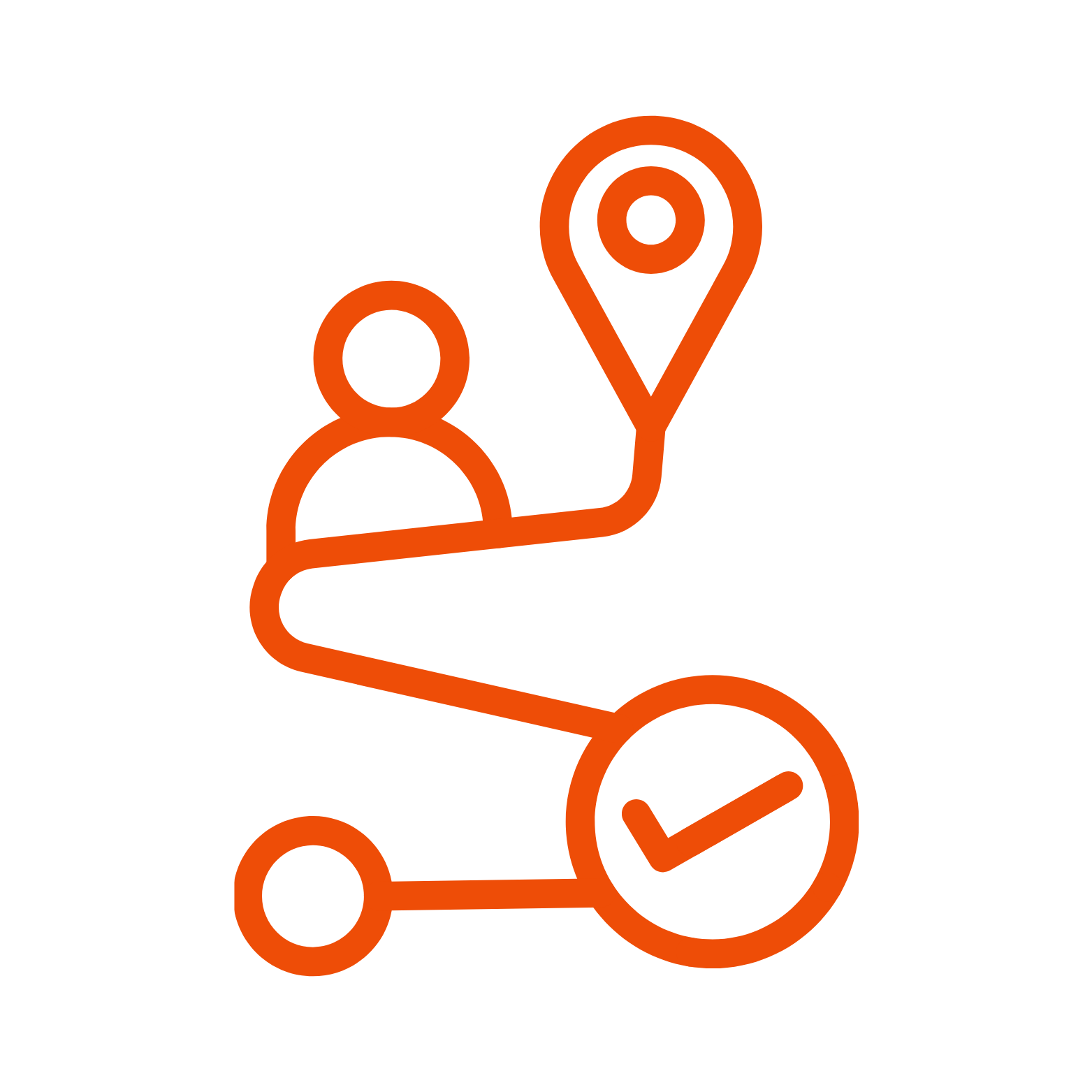 Line art icon of a person with a location pin above and connected to checkmark symbols, representing task tracking or location verification.