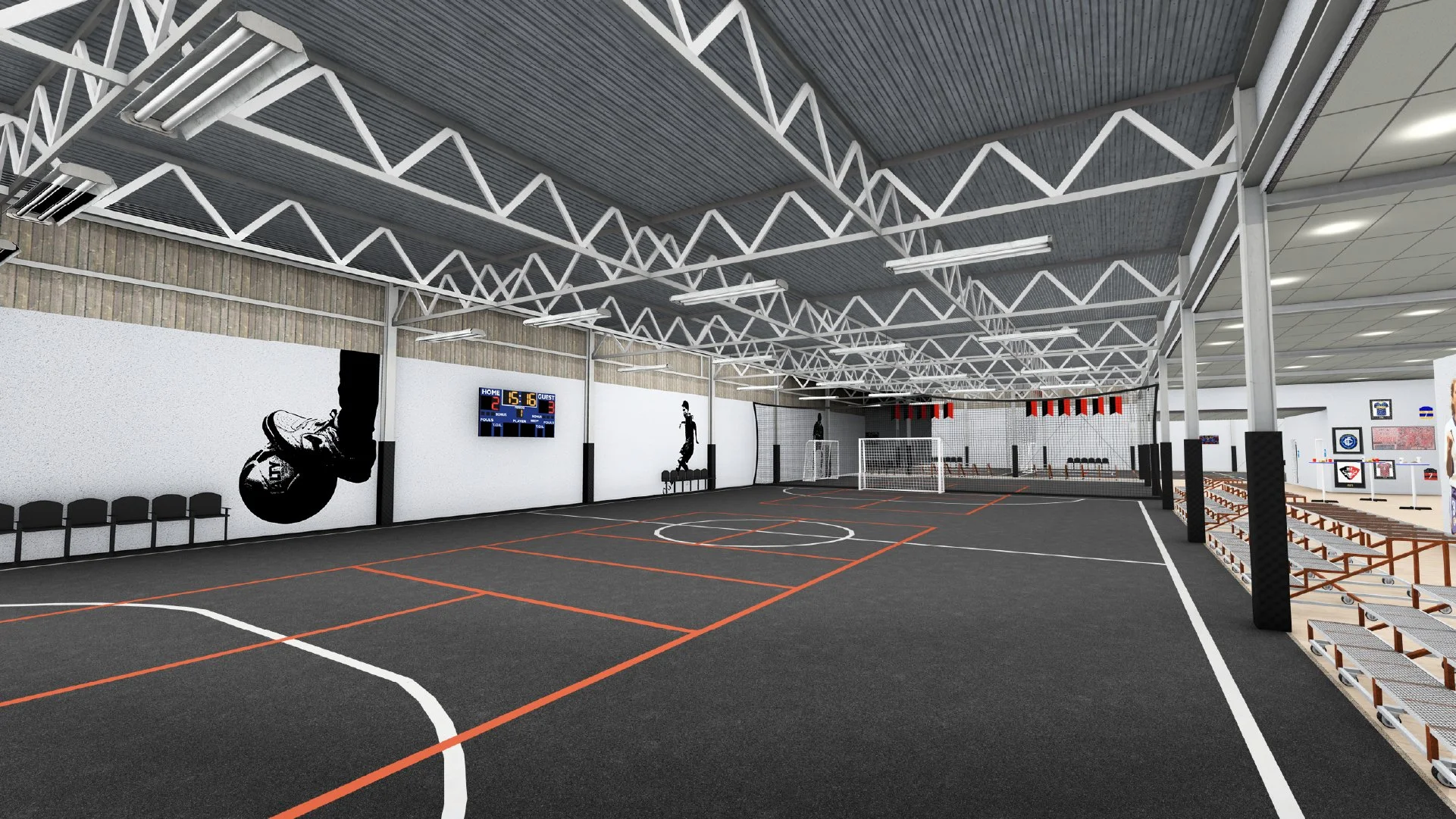 Indoor sports court with black flooring, white and orange lines, basketball hoop, a scoreboard, a large wall art of a basketball player dunking, and seating benches on the side.