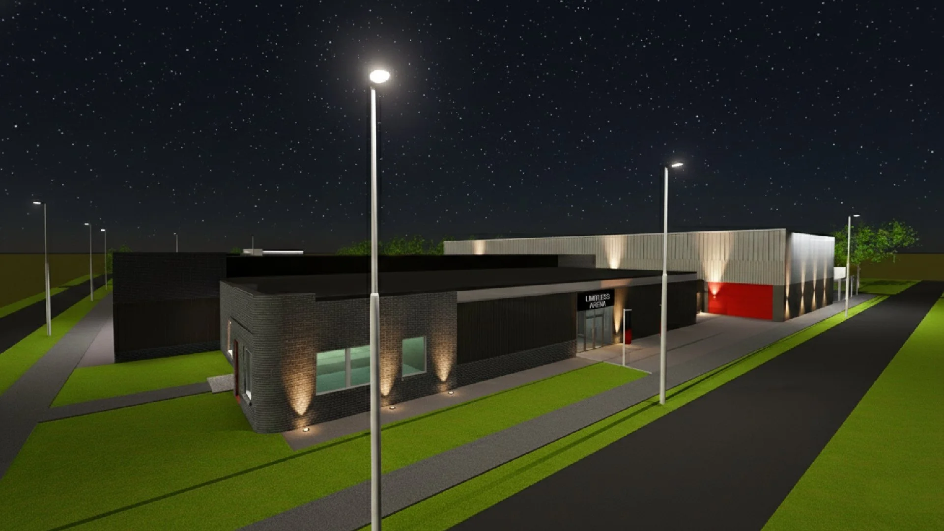 Nighttime view of a modern building with illuminated exterior lights, a sign that reads 'LIMITLESS ARENA,' surrounded by green lawns, trees, and covered sidewalks, under a starry sky.