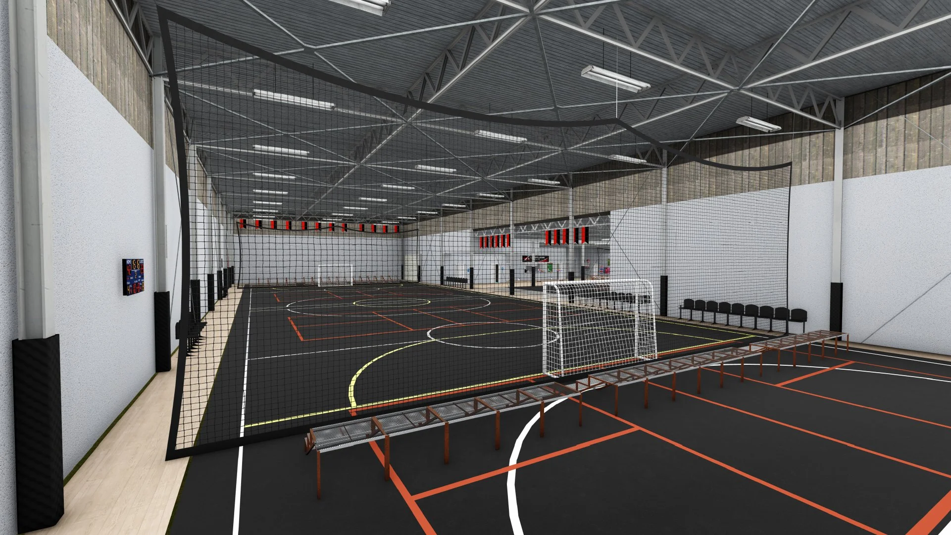 Indoor sports court with a seating area, a goal, and a net partition, designed for indoor hockey or futsal.