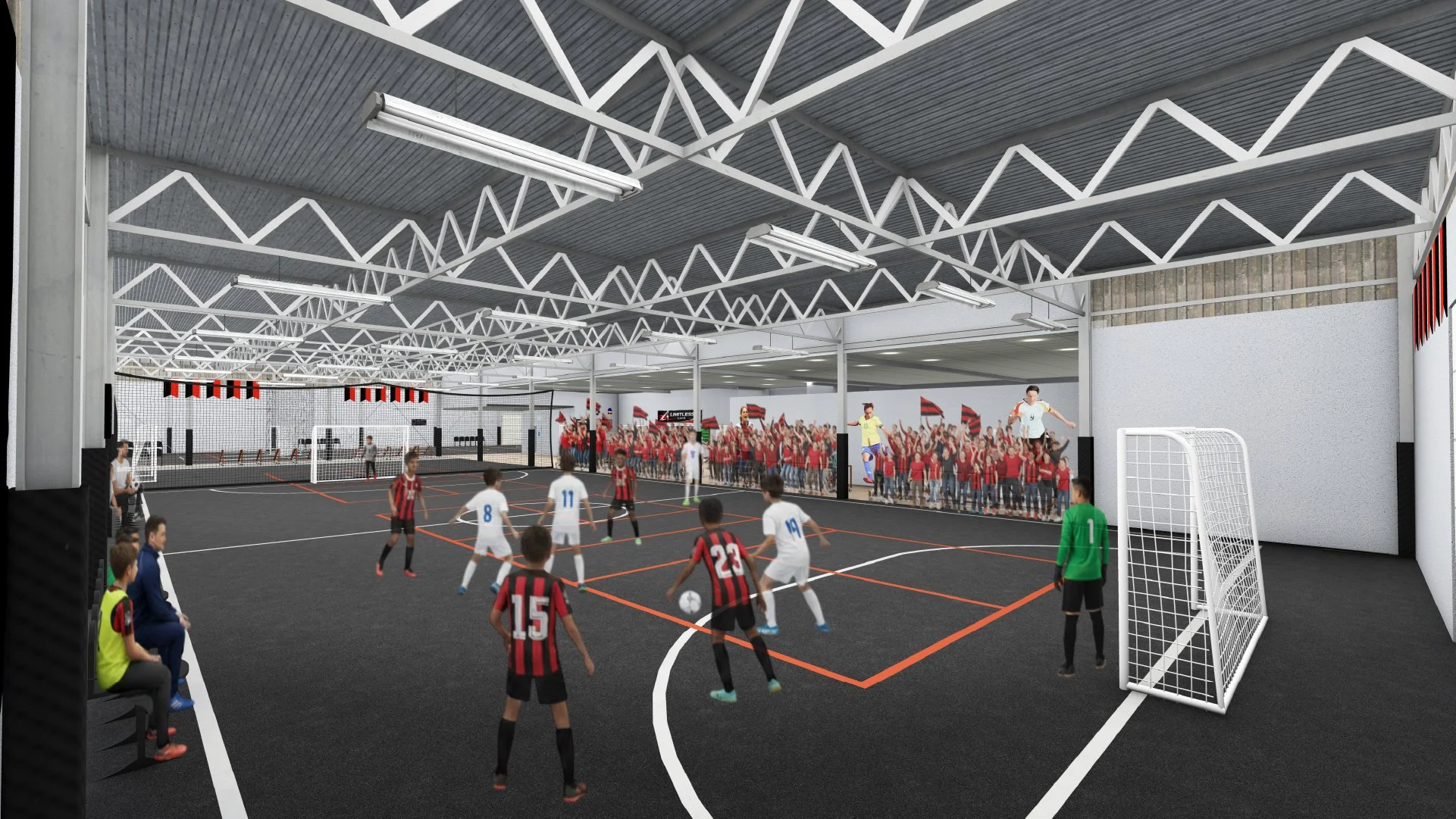 Indoor futsal game with players in red and black, white uniforms, a goalkeeper in green, and an audience behind a glass barrier.
