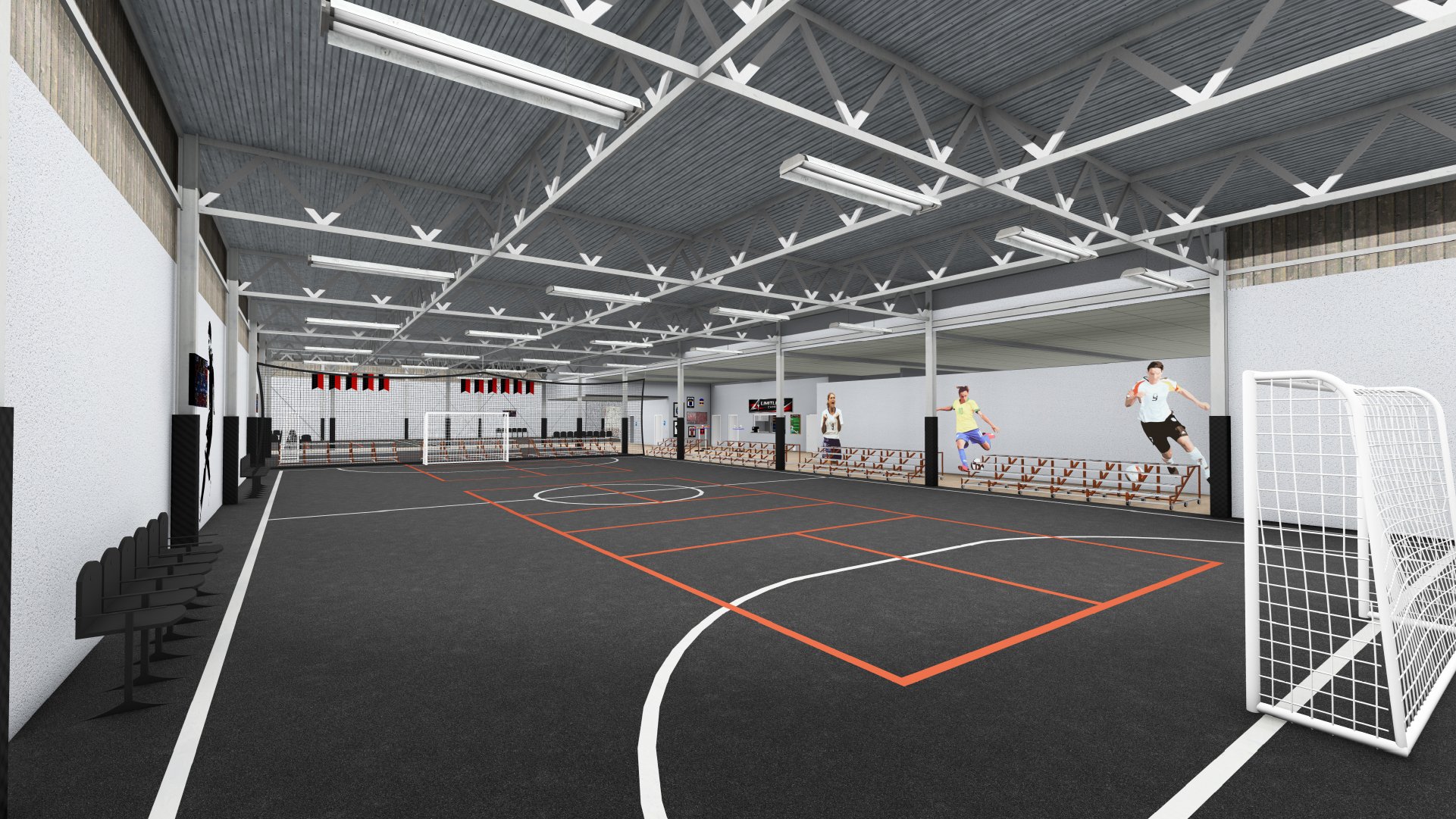 Indoor sports facility featuring a multi-purpose court with orange and white lines, a goal on the right, benches along the back wall, and a netted area with a court in the background. Two people are visible playing on the court, with one in the foreg