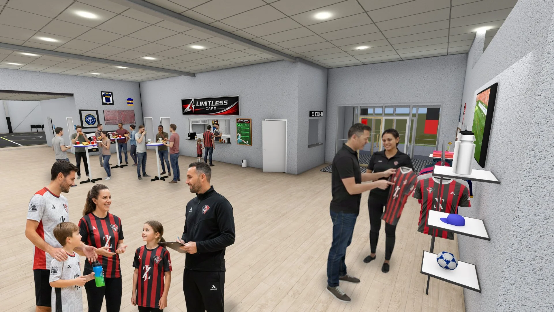 Indoor stadium concourse with fans, staff, and merchandise displays. In the foreground, a family with young children talks to a man in a black jacket. To the right, two staff members are handling sports apparel and accessories on shelves. In the back