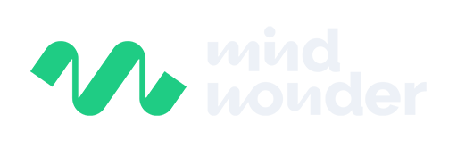 Logo mindwonder studio with a green zigzag line and the words 'mind wonder' in white lowercase letters.