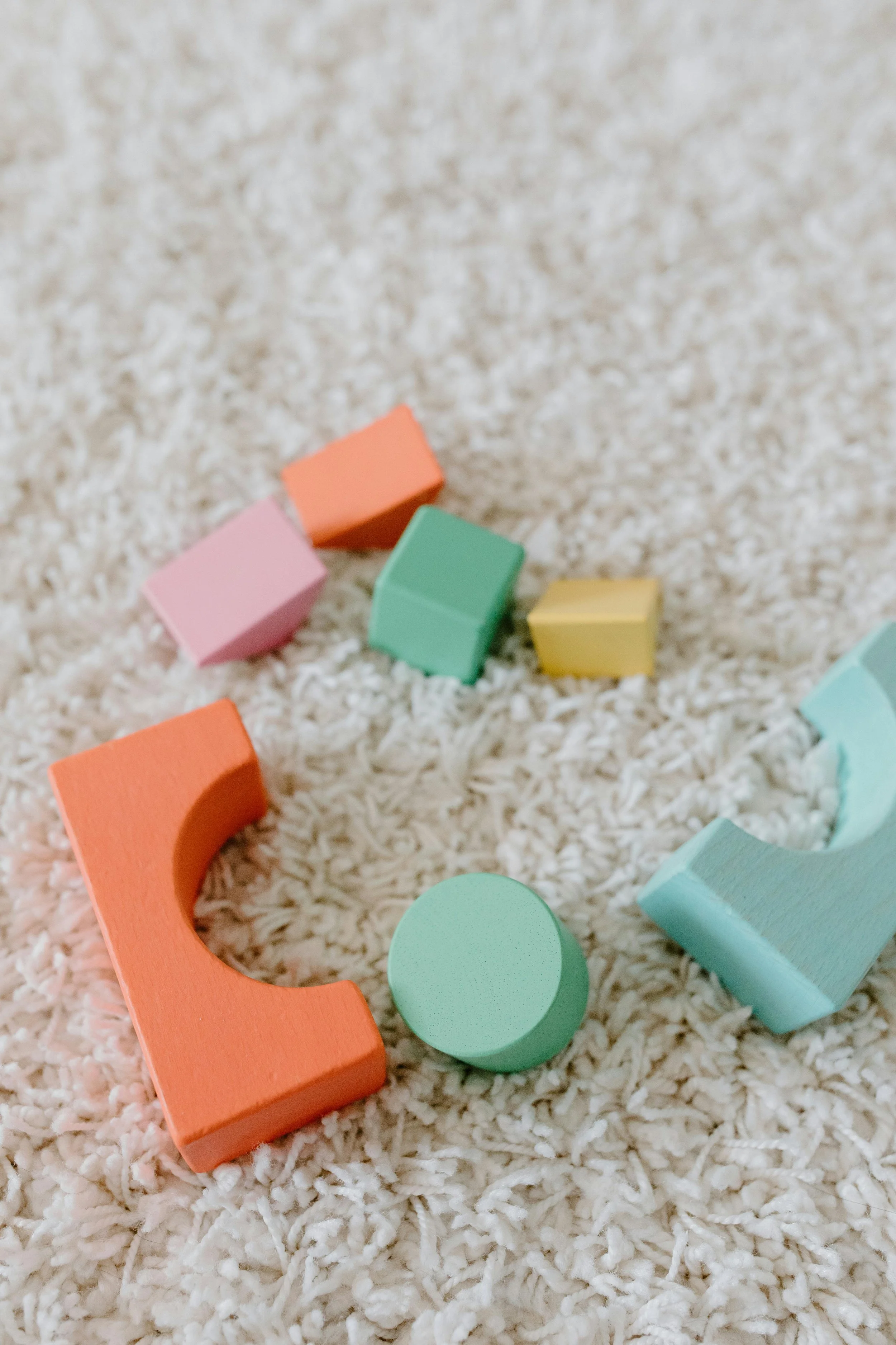 Colorful wooden toys arranged on a white shaggy carpet.