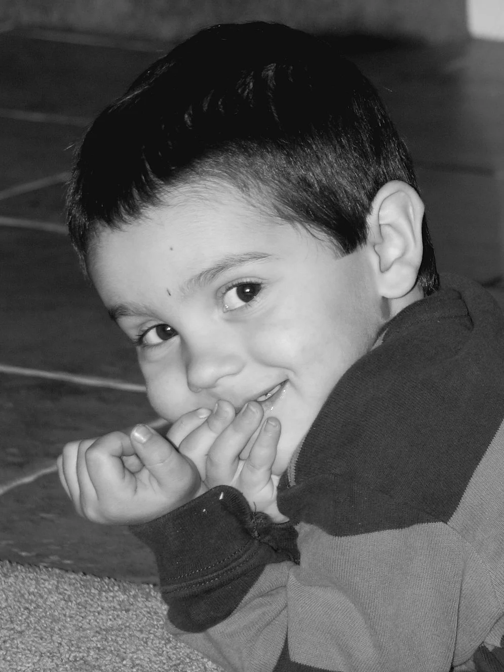 A young boy with short dark hair, smiling and looking at the camera with his hands near his mouth, sitting on a carpeted floor.