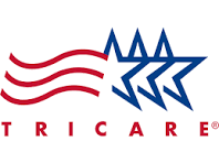 Tricare logo with red stripes, blue star, and red text