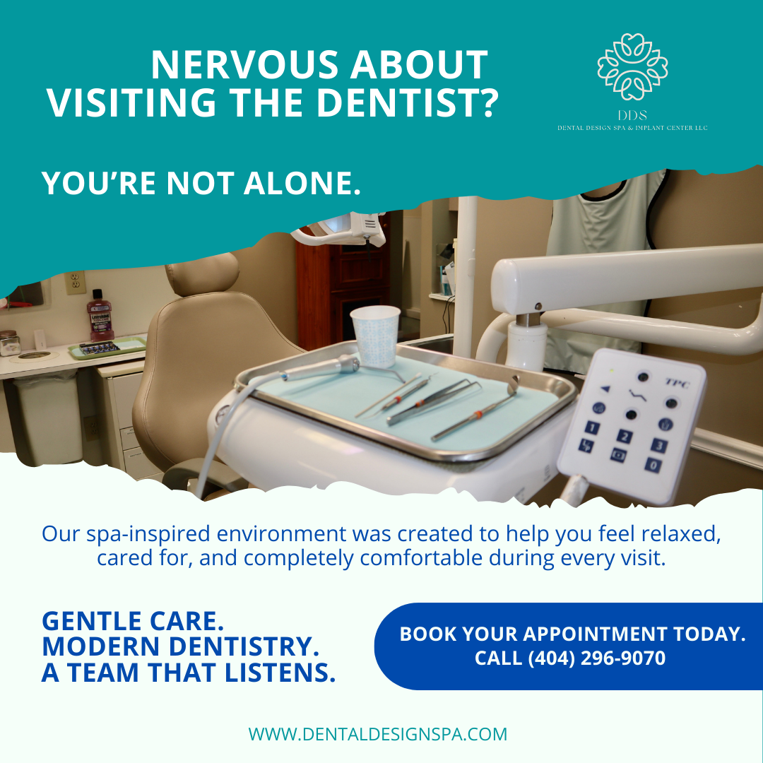 A promotional flyer for a dental center featuring an image of a dental examination room with dental tools, a chair, and equipment. The flyer has a teal header with white text asking 'Nervous about visiting the dentist? You're not alone.' and includes the dental center's logo and contact information. The lower part of the flyer mentions creating a relaxing, spa-inspired environment with gentle care and modern dentistry.