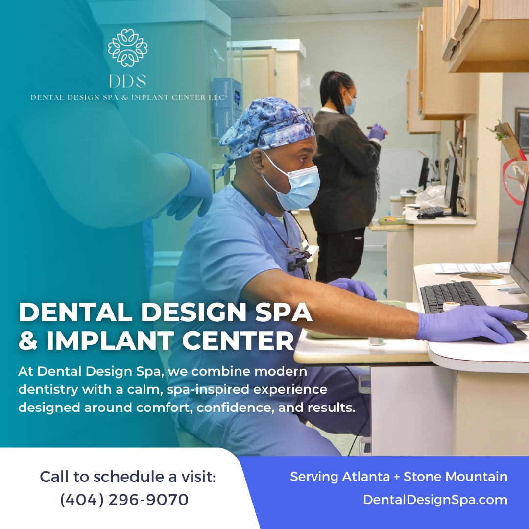 A dentist in scrubs and a masked assistant working at a computer in a dental clinic, with promotional text overlay for Dental Design Spa & Implant Center in Atlanta and Stone Mountain.