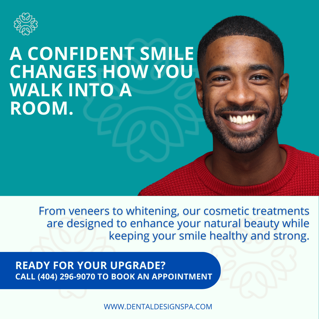 A smiling man with a trimmed beard and short hair wearing a red sweater, advertising cosmetic dental treatments on a teal background with white and dark blue text.