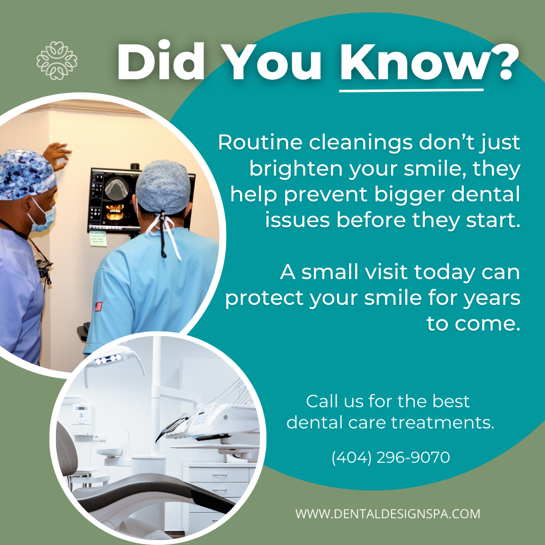 Graphic promoting dental health with images of dentists examining an x-ray and dental equipment, and text highlighting the importance of routine dental cleanings.