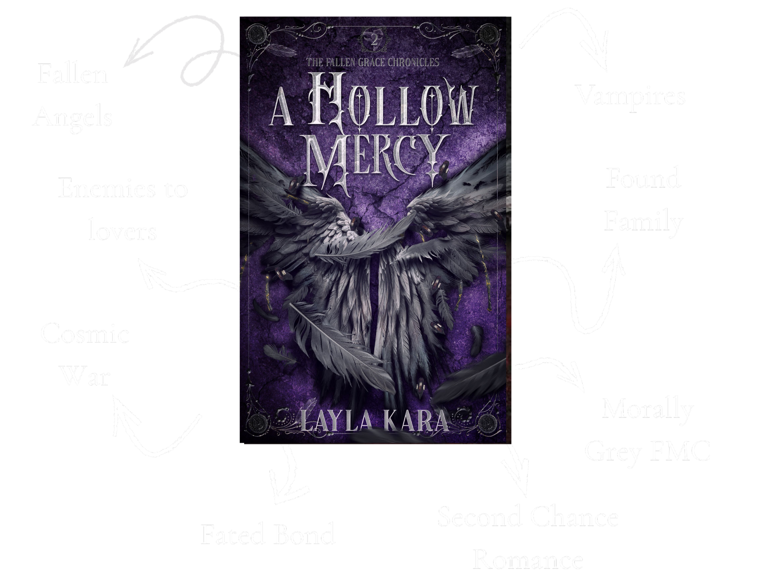Book cover titled "A Hollow Mercy" by Layla Kari, with a purple cracked background, black wings, and decorative elements.