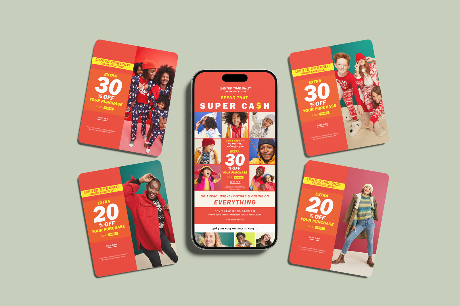 Mockup of a smartphone displaying a shopping promotion for discounts and sales, surrounded by four promotional flyers featuring happy diverse children in winter clothes, with various discount offers.