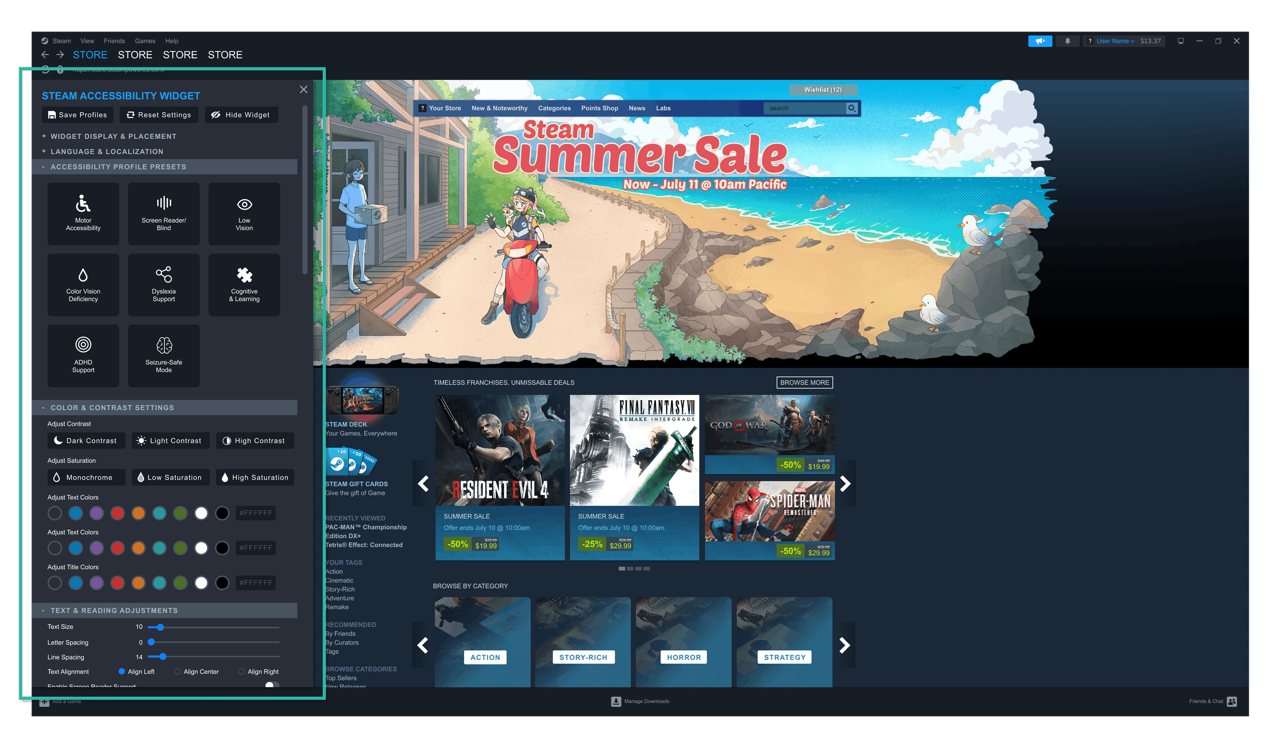 Screenshot of the Steam store page featuring a summer sale promotion with a background illustration of a woman on a motor scooter on a beachside walkway, person delivering packages, and seagulls by rocks near the ocean.