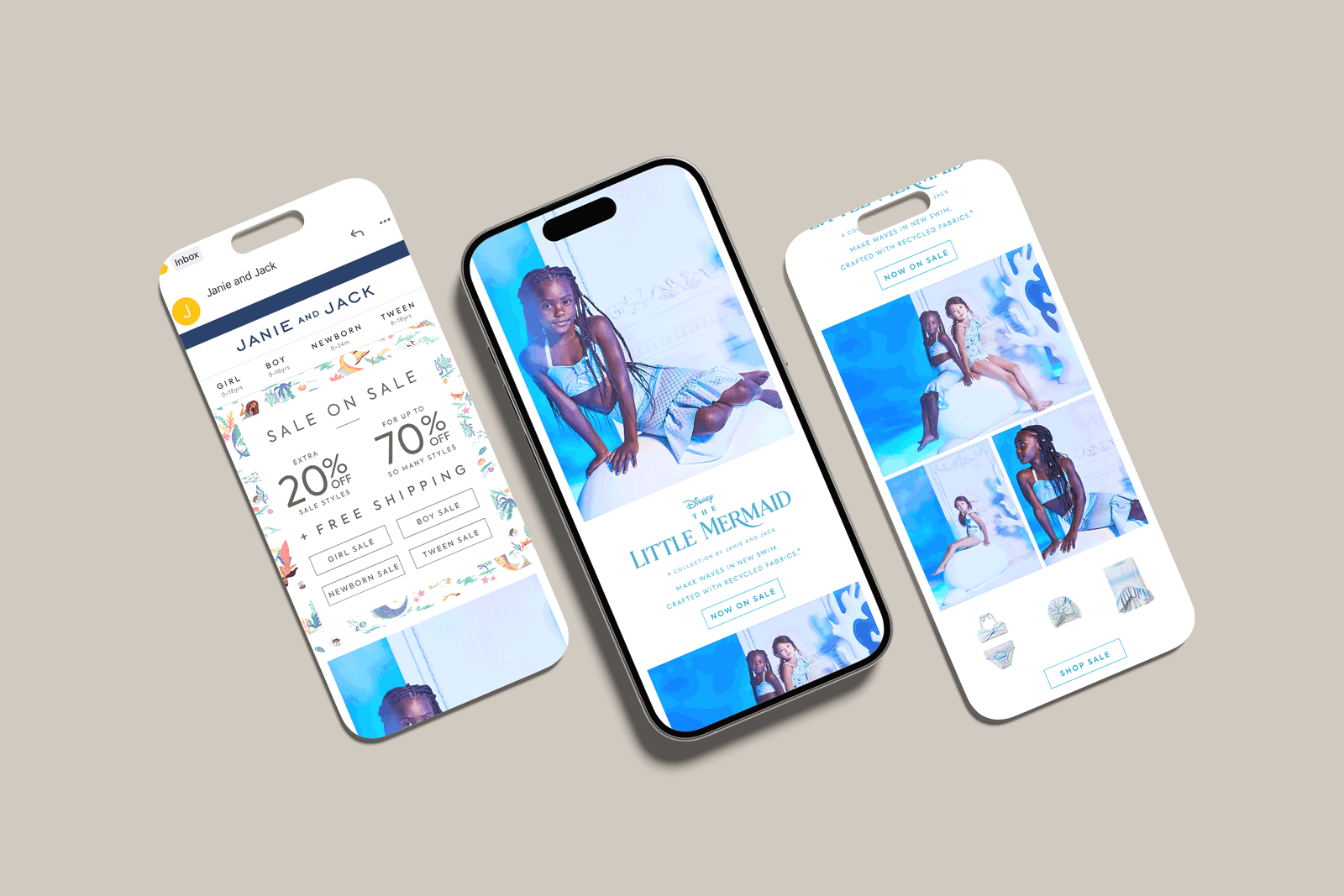 Three smartphones displaying children's swimwear advertisements and sales.