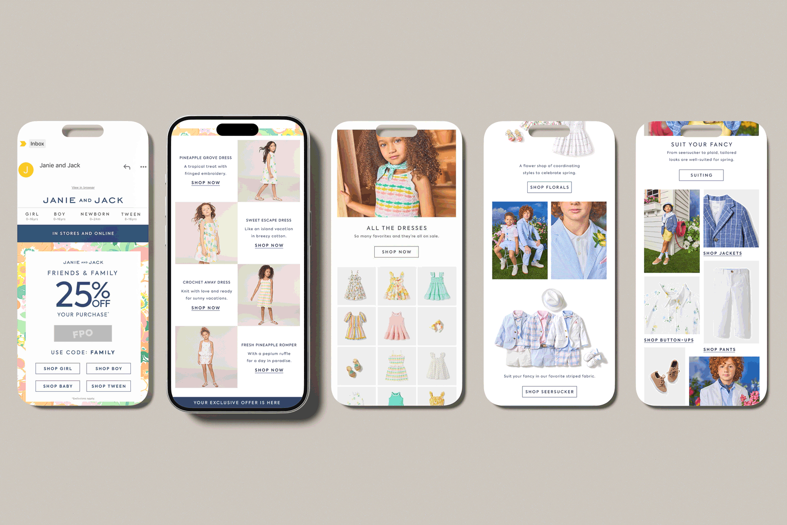 Collection of five mobile screens showing children's clothing online shopping apps with various dresses, outfits, and accessories displayed.