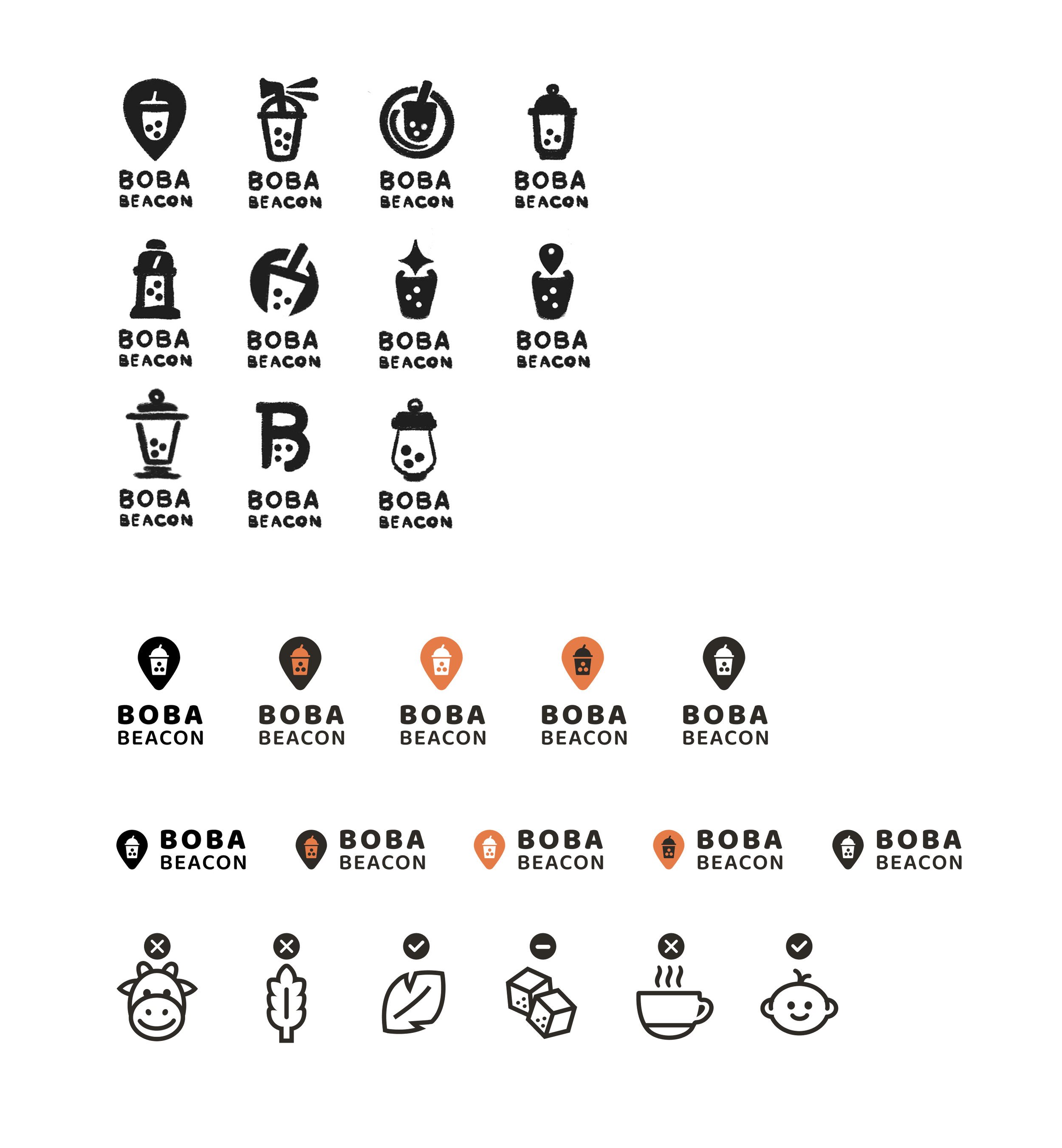Collection of black-and-white icons representing bubble tea drinks and related symbols, arranged in a grid, with variations including color and style.