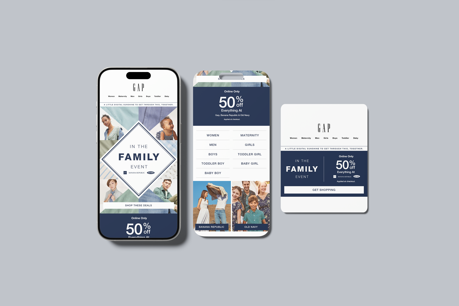 Digital advertisement for a GAP family event and sale. The ads display discount offers, product images, and links to shop online, with variations designed for mobile screens.