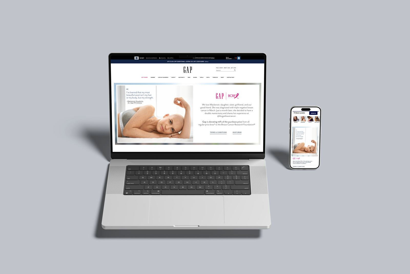 A laptop and a smartphone displaying the same webpage for GAP, featuring a woman lying down with her arm bent, resting her head on her hand, with text about breast cancer awareness and donations.