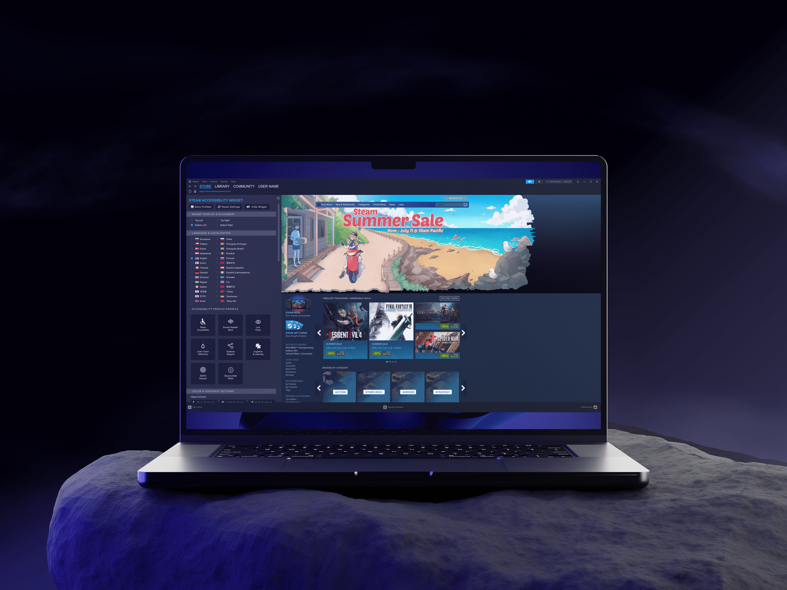 A laptop displaying the Steam store webpage with a summer sale banner, set against a dark background, on a textured surface.
