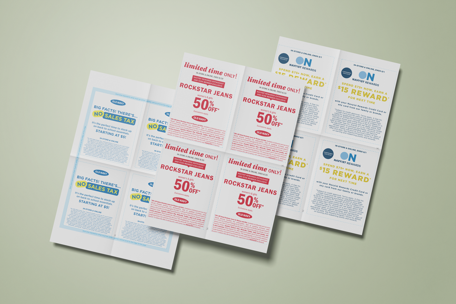 Three sheets of coupons with discounts and rewards offers for retail shopping, including sales on Rocky Jeans and Navyst Rewards.