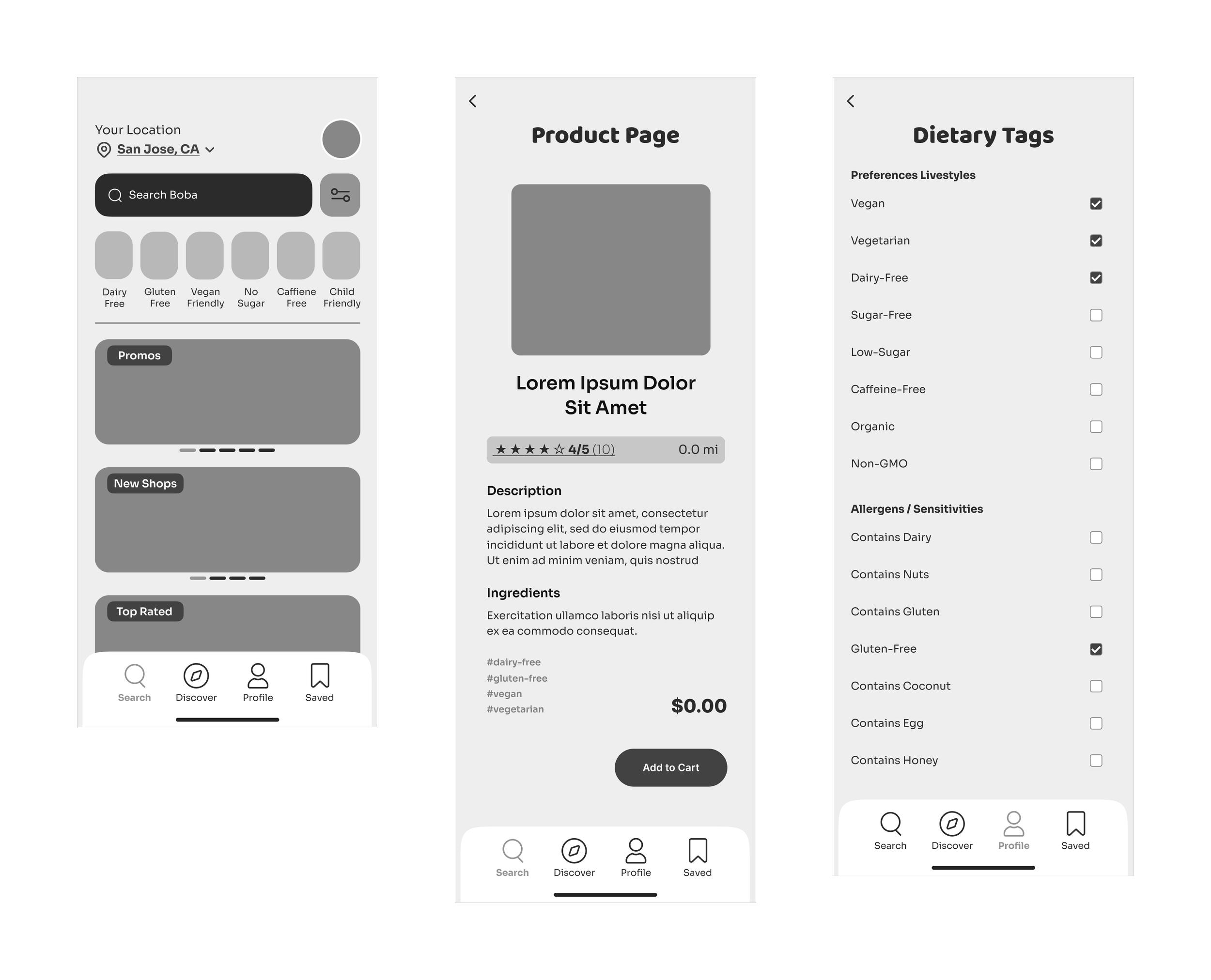 Screenshots of a mobile app interface for searching and ordering vegan food products, including a location selector, search bar, product details, dietary tags, and footer menu.
