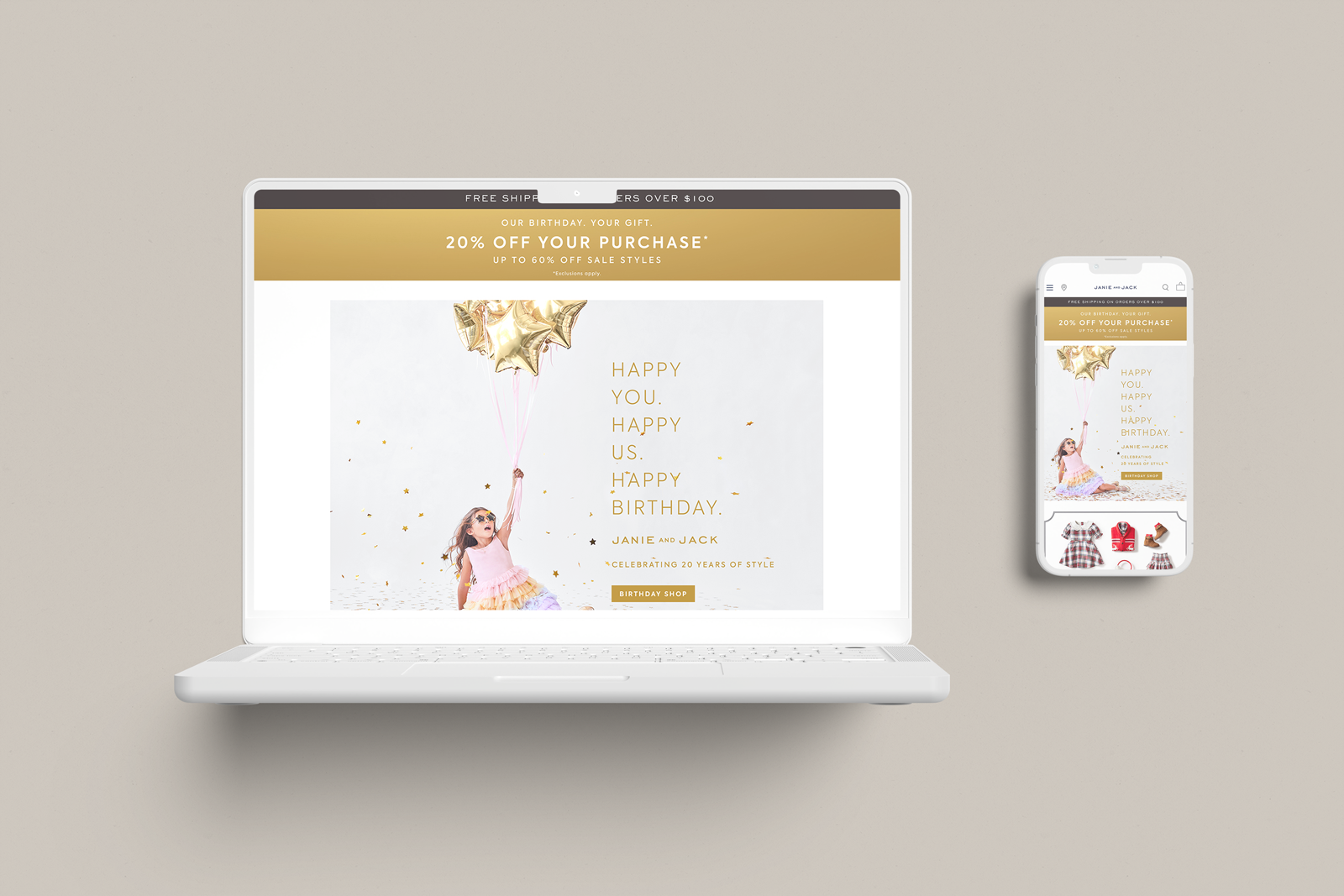 Online birthday sale webpage displayed on a laptop and smartphone, featuring a girl holding golden star-shaped balloons with birthday messages and promotional offers.