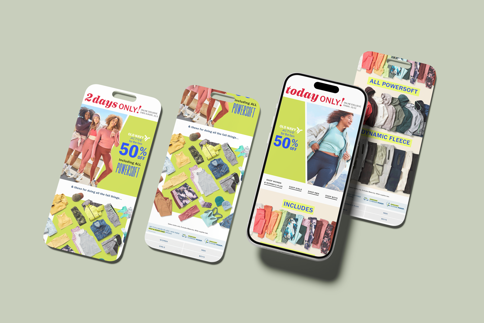 Four smartphones displaying flash sale advertisements for clothing and accessories, with colorful clothing, shoes, and accessories arranged on the screens.