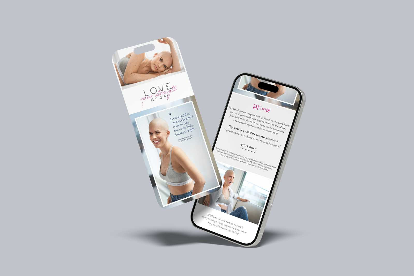 Two smartphones displaying images and information related to breast cancer awareness and support, with one of the phones showing a woman with a shaved head and a smile, and the other showing a woman lying on a bed.