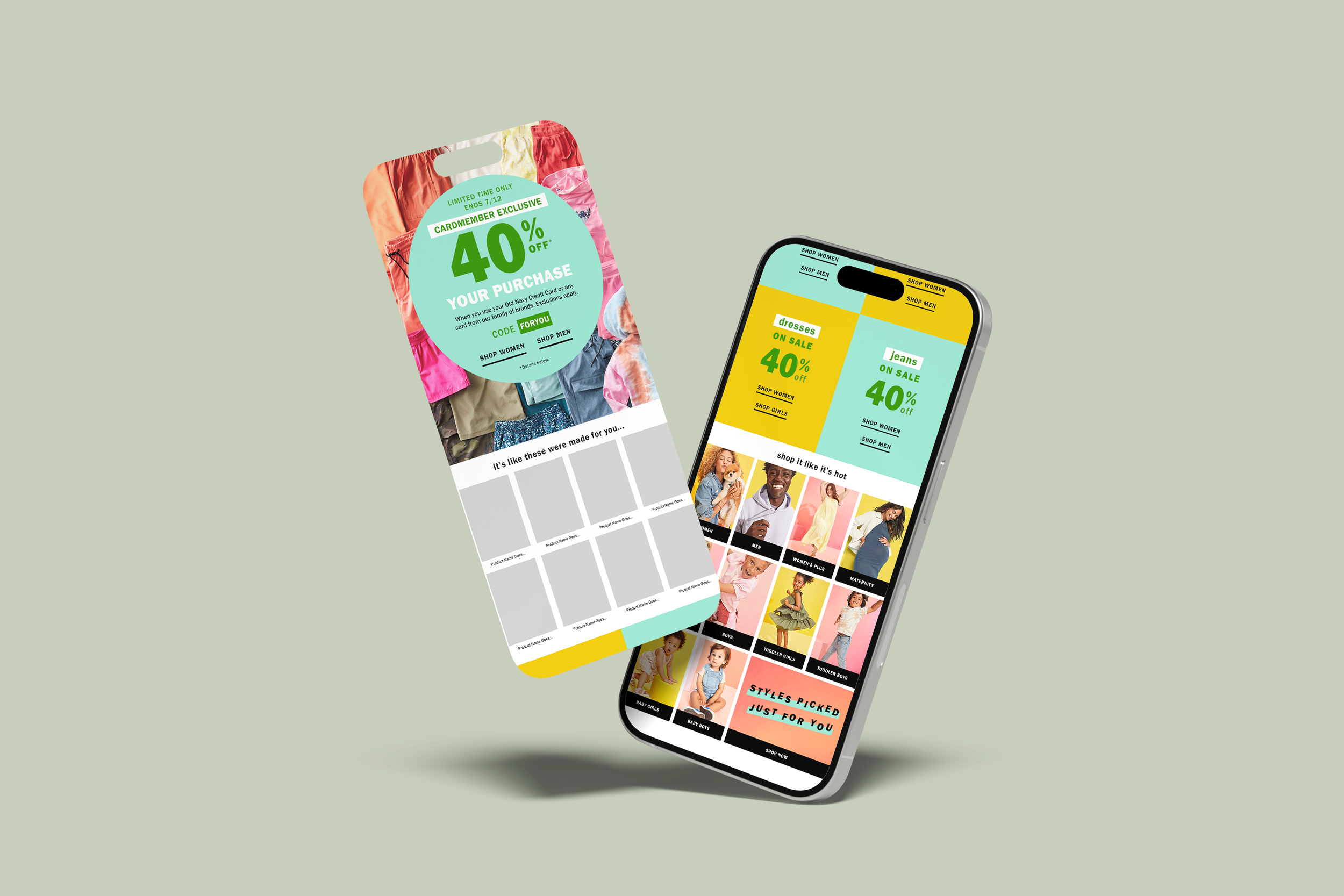 Smartphone and paper shopping coupons for clothing sale, displaying discounts on women's dresses and jeans, with selections for various children's clothing styles.
