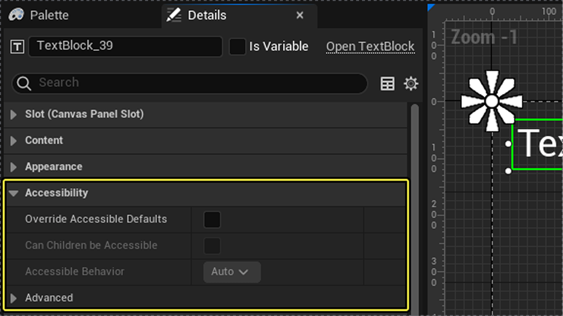 Screenshot of a software interface showing the 'Accessibility' section with options for overriding accessible defaults, enabling accessibility for children, accessible behavior, and advanced settings.