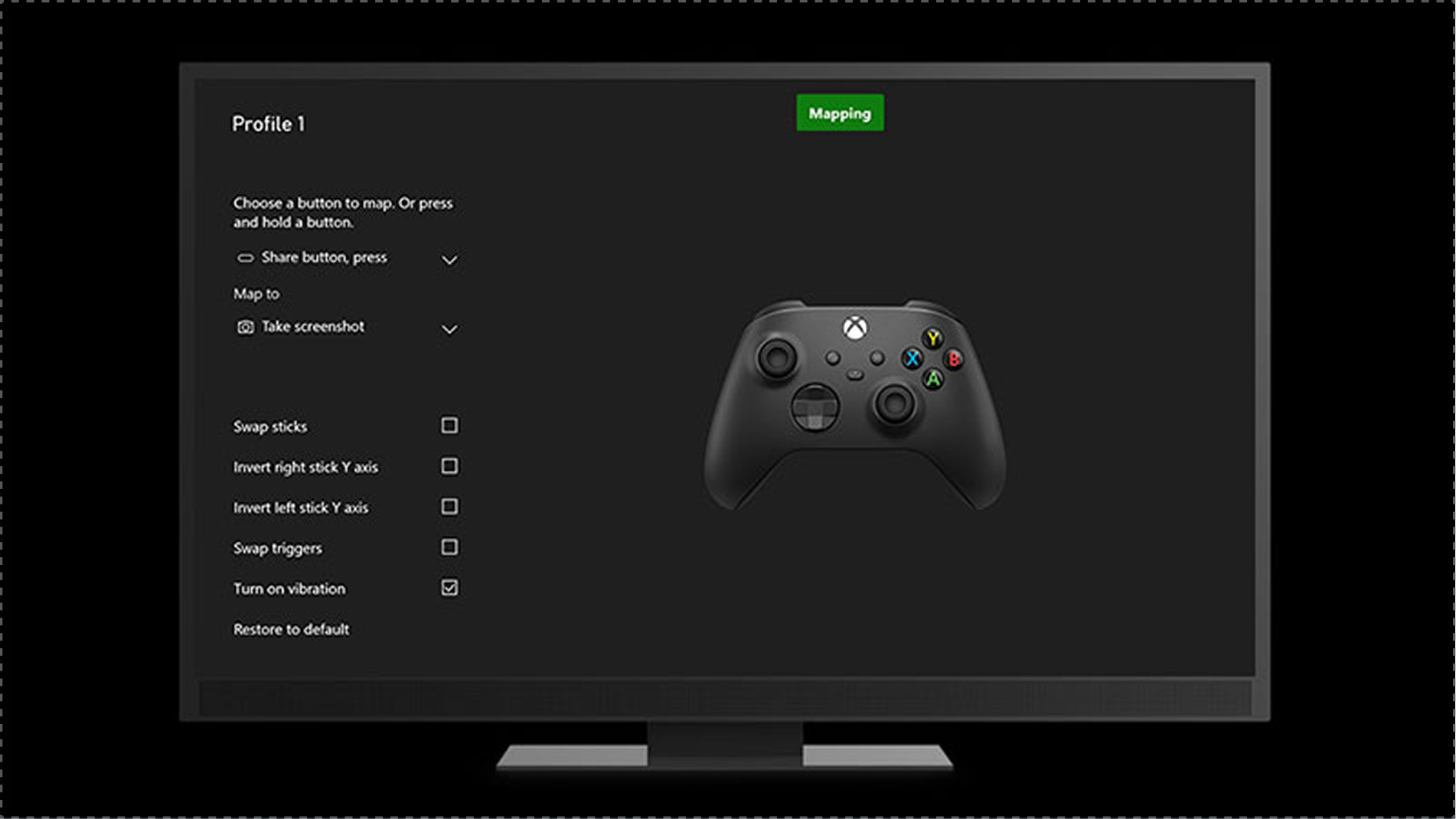 A computer monitor displaying an Xbox controller configuration screen with options for mapping, sharing, and customizing controls, including checkboxes and dropdown menus.