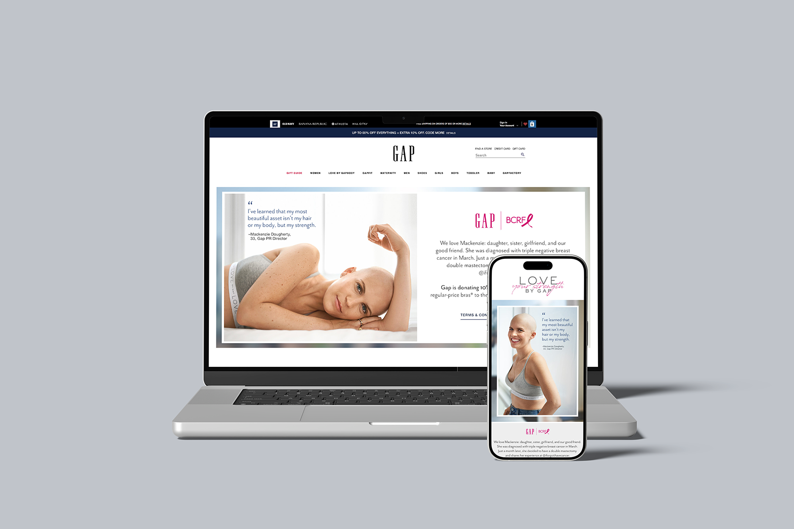 A laptop and a smartphone displaying the GAP website, focusing on a breast cancer awareness campaign with a photo of a woman with a shaved head and a quote about her strength.