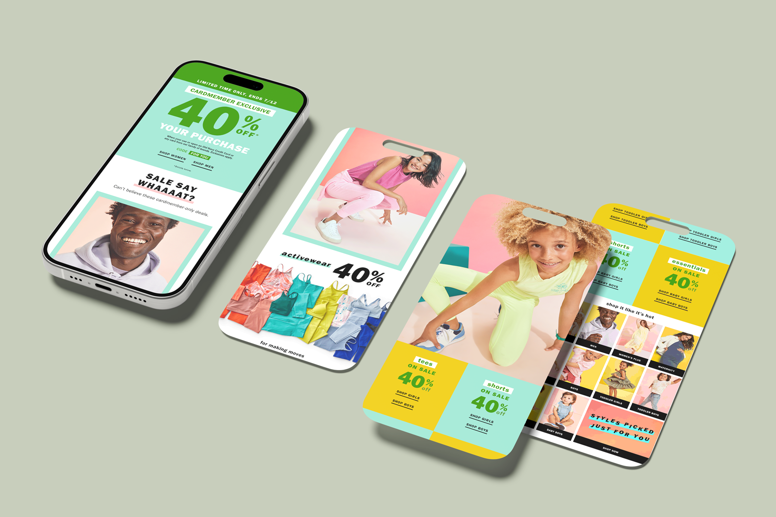 Four smartphones displaying digital fashion sale advertisements for children and adult clothing on colorful backgrounds.