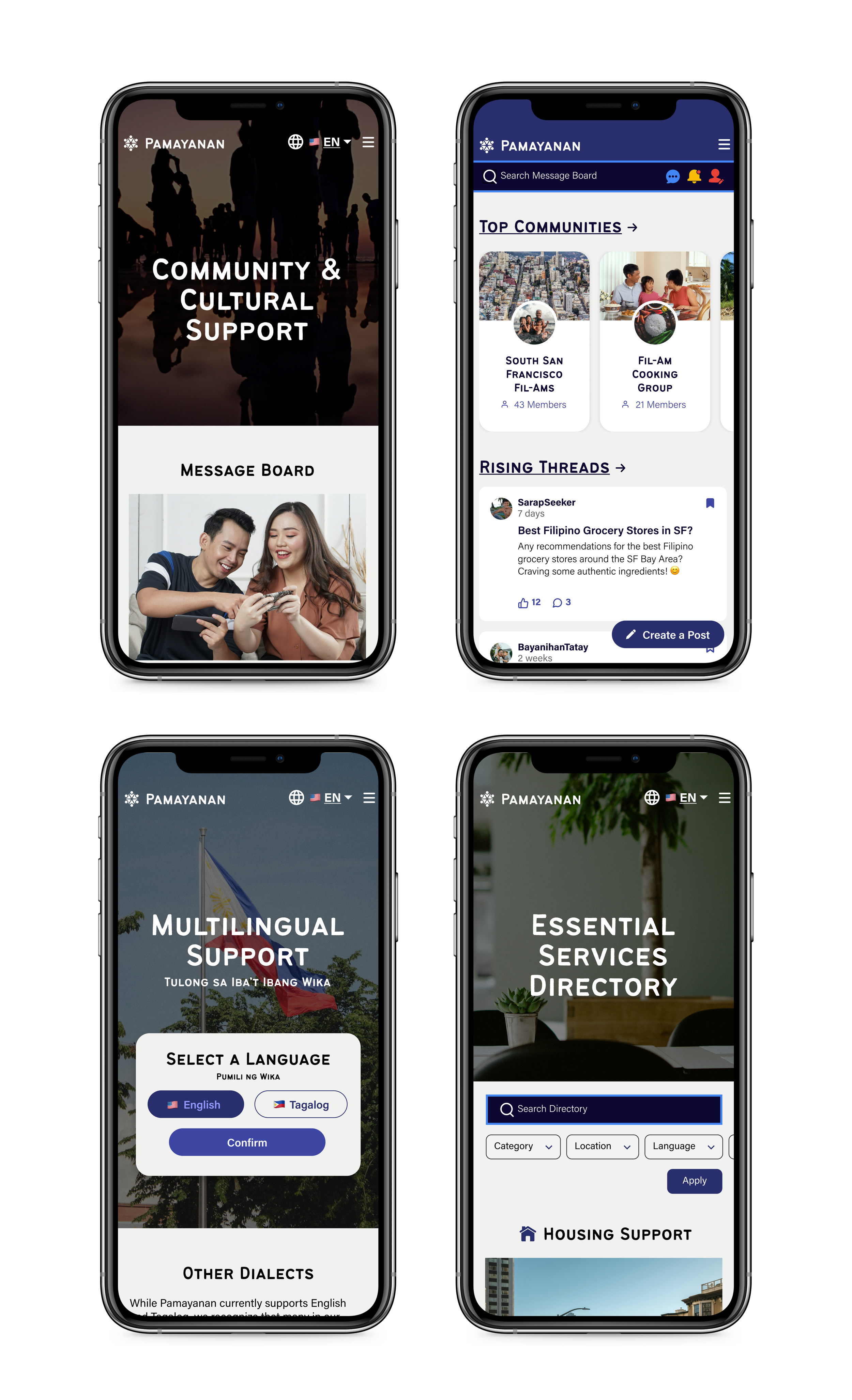 Screenshots of a mobile app interface for Pamanyakan, showing community and cultural support features, message board, community groups, multilingual support with language selection, directory services, and housing support, with navigation menus and icons at the top.