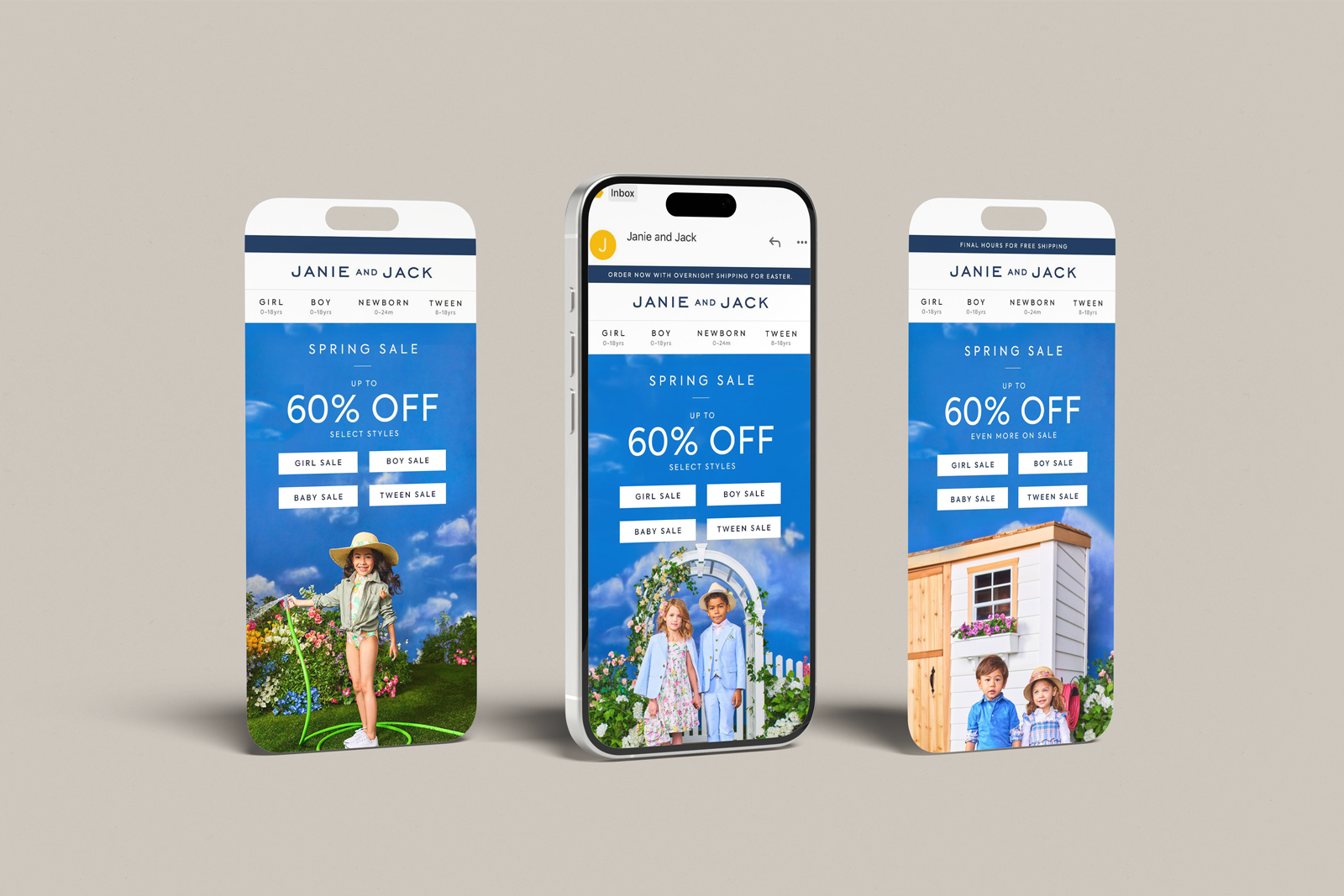 Three smartphones displaying a children's clothing store promotion with 60% off spring sale, featuring kids in colorful outfits outside a house and garden.