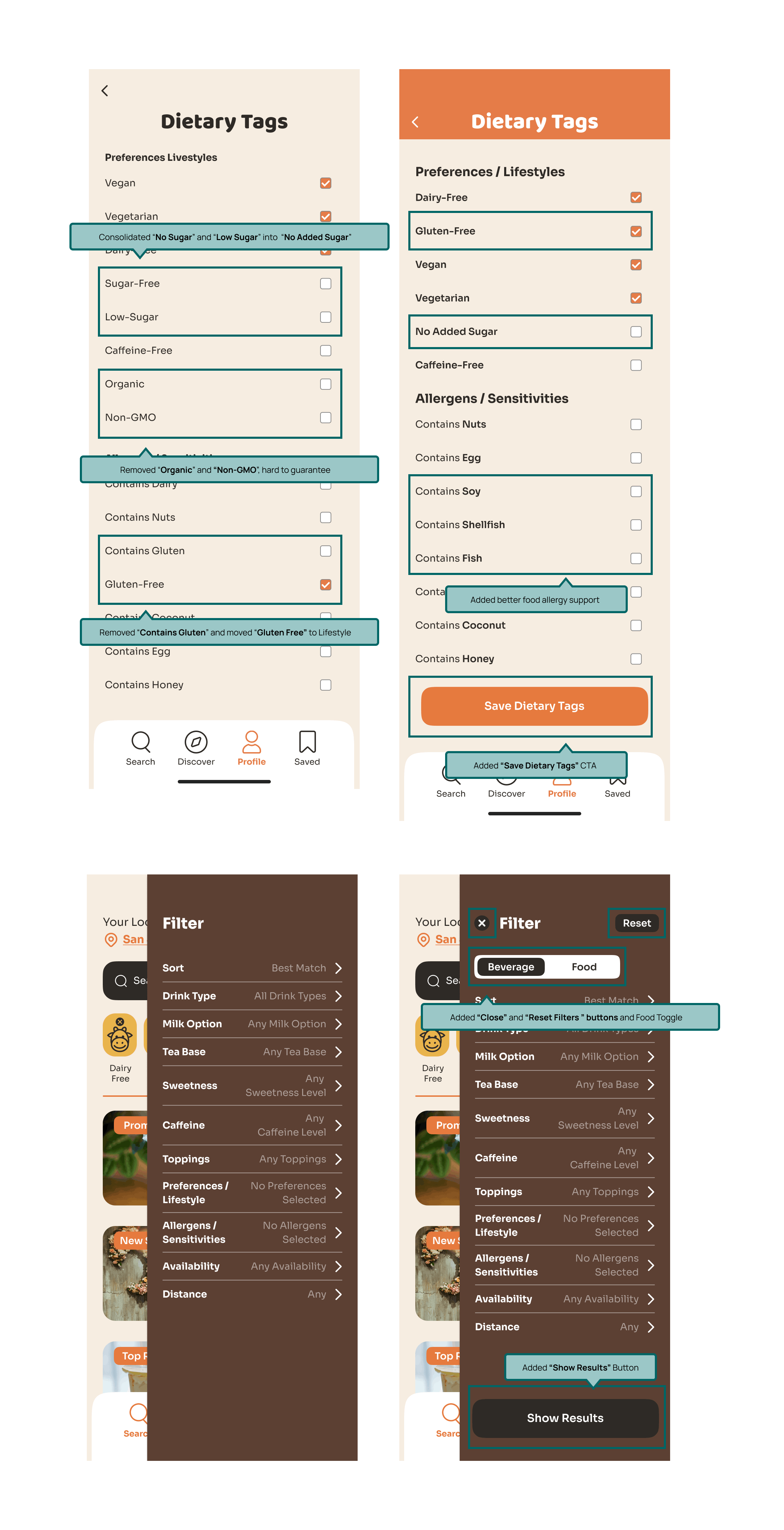 Screenshots of a mobile app showing the process of customizing dietary tags for food preferences. The screens display options for preferences such as vegan, vegetarian, gluten-free, no added sugar, and allergen sensitivities. The interface includes filters for drink type, milk options, sweetness, and other dietary filters, with actions such as saving tags, resetting filters, and showing results.