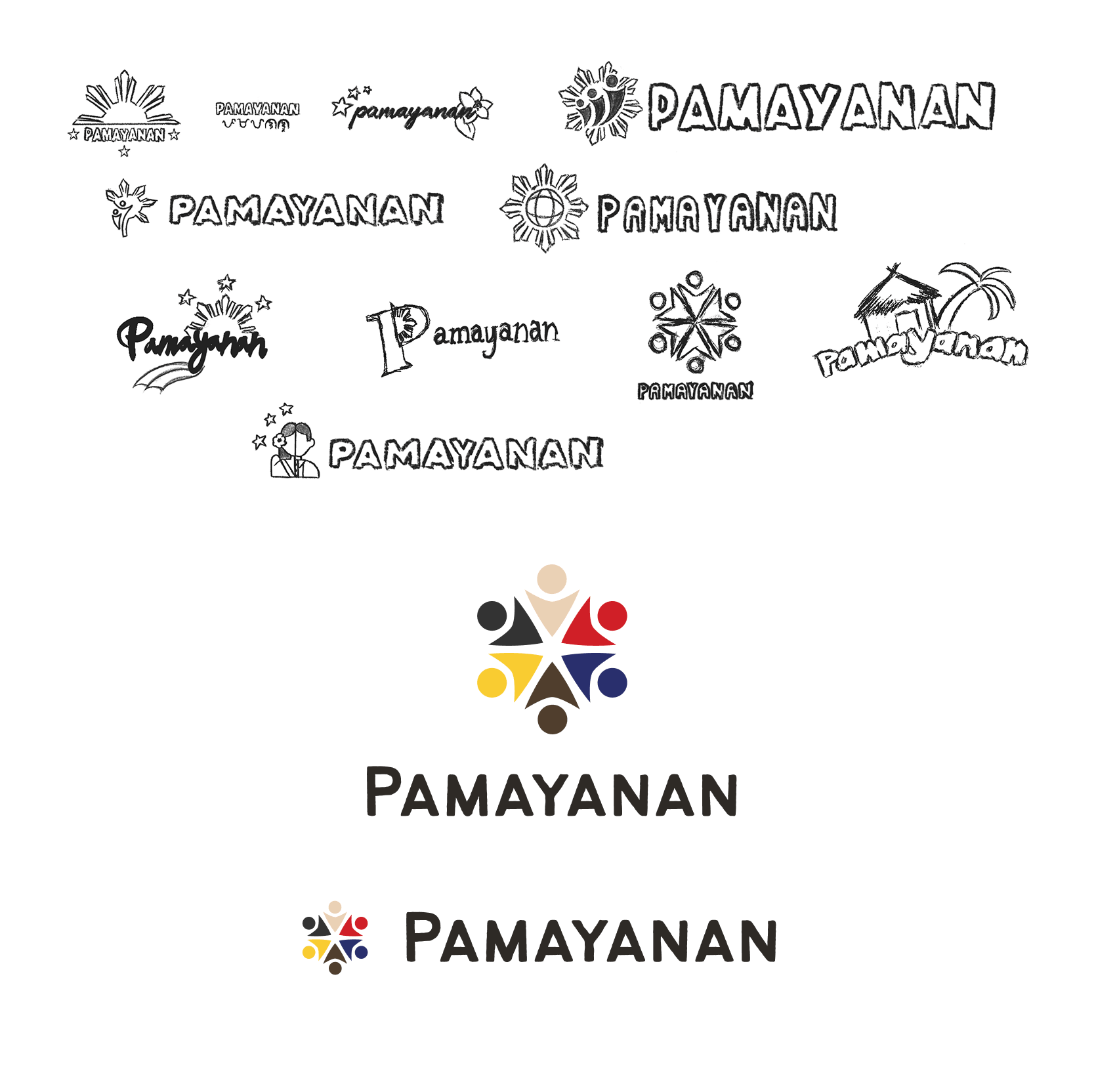 Multiple versions of the word "PAMAYANAN" in various fonts and styles, accompanied by symbols like a rising sun, stars, a globe, flowers, houses, and a person, arranged in a collage.