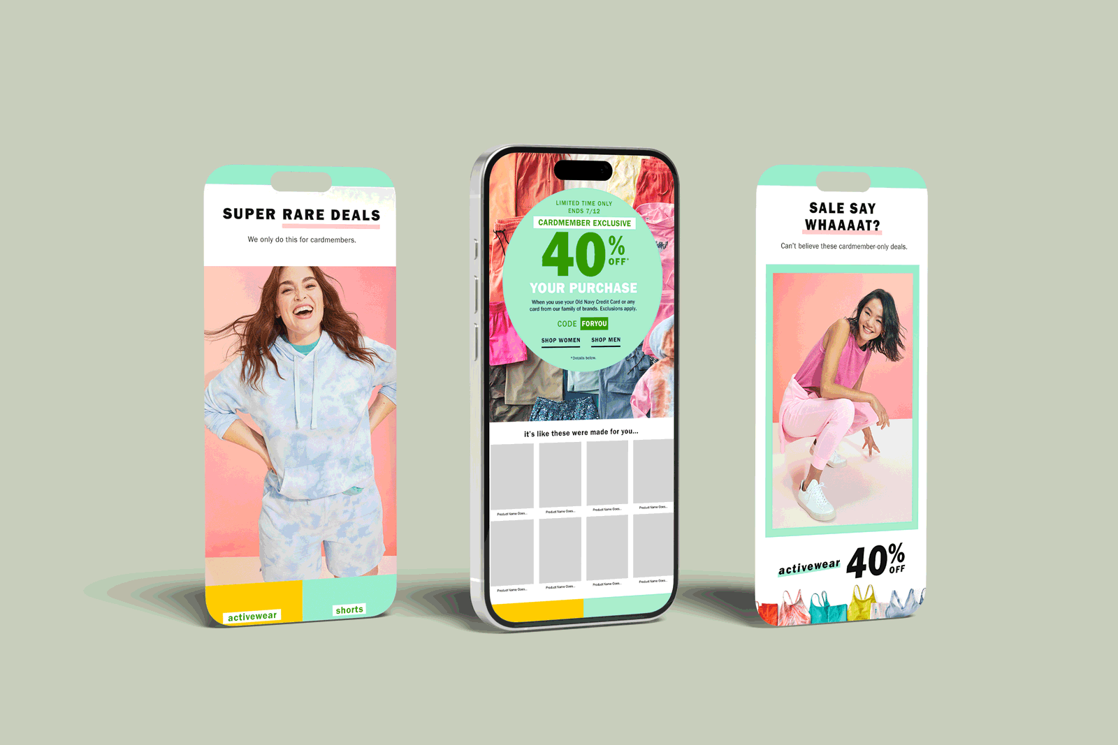 Three digital advertisements for clothing sales on mobile screens, featuring women in casual and activewear with discount offers.