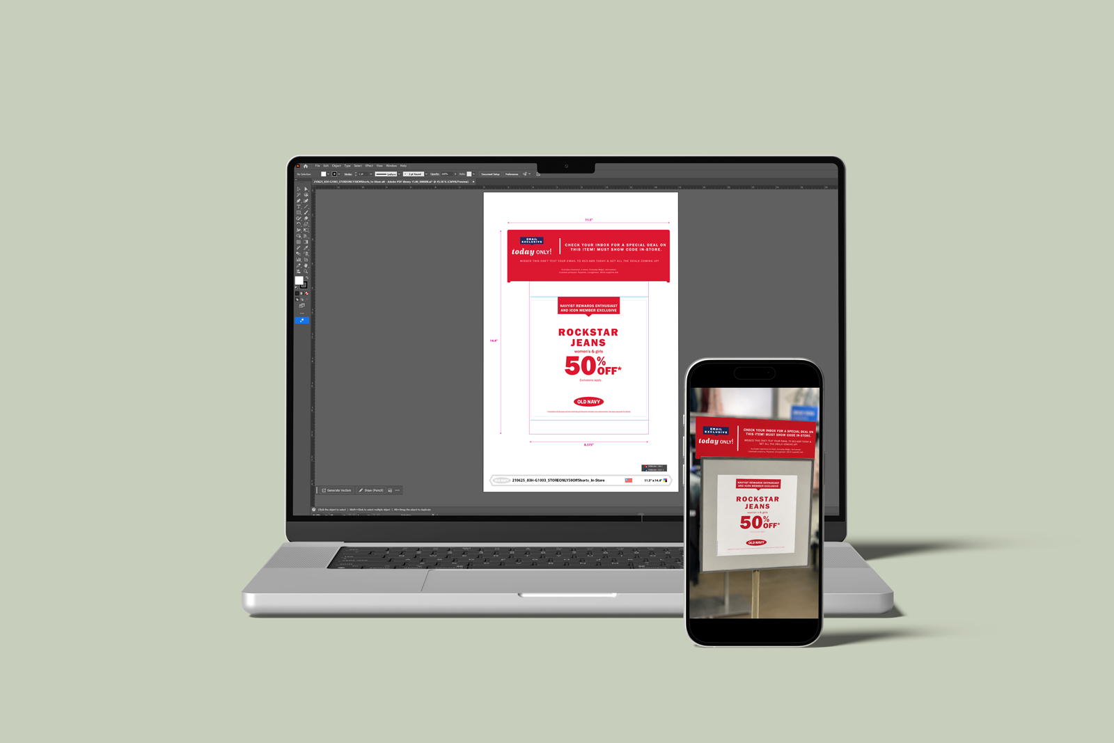 The image shows a laptop and smartphone displaying a retail flyer for a discount on Rockstar jeans, offering 50% off, with branding from Old Navy.
