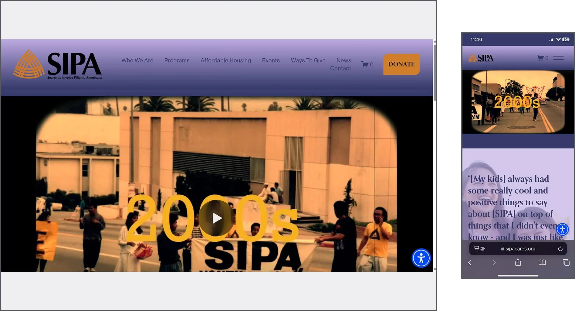 Screenshots of a website and mobile app for SIPA, an organization that helps Filipino Americans. The images feature photos of protests or rallies, with people holding signs and banners, and the text '2000s SIPA.'