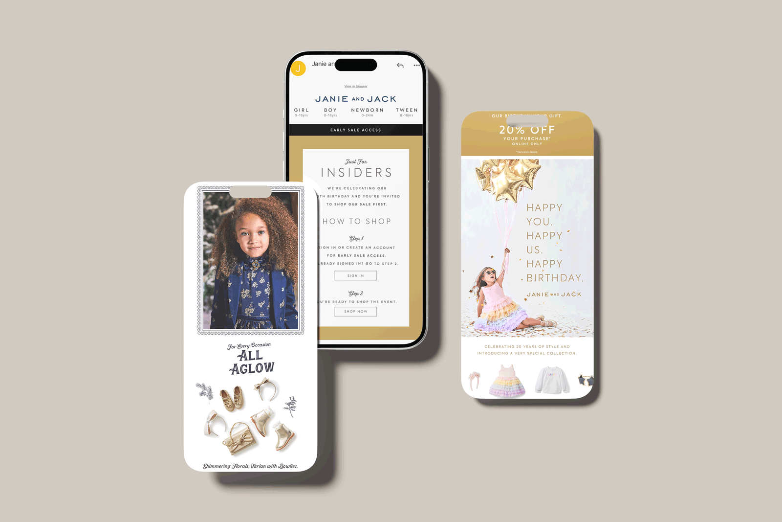 Collection of three mobile phone screens displaying children's fashion and birthday promotions. The first screen shows a girl in a floral dress with accessories, with text about occasions and styled items. The second screen features an email or app interface about early sale access for kids' clothing. The third screen showcases a birthday greeting with balloons and children's clothing items, offering a discount.