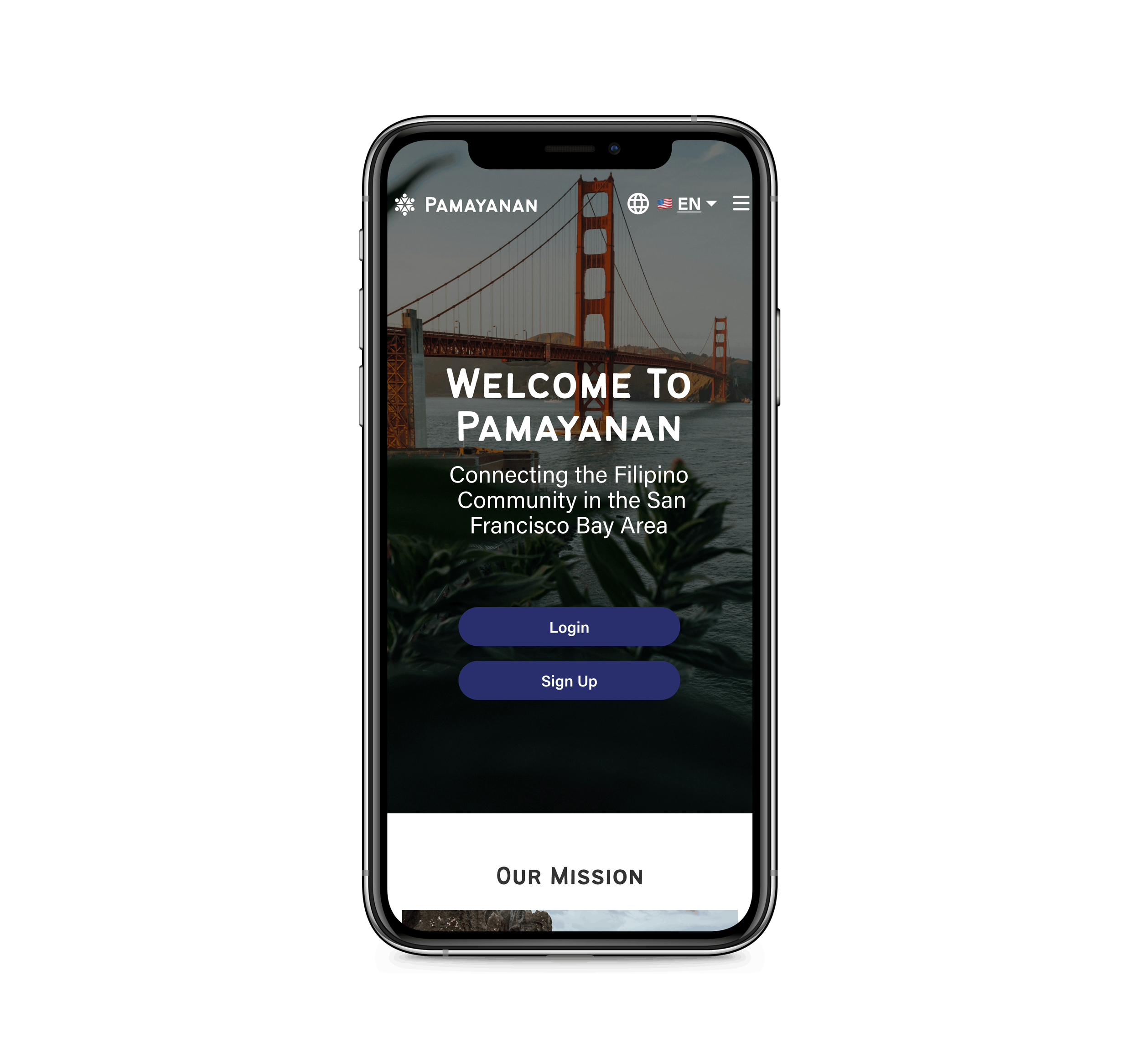 Smartphone displaying the Pamayanan app with San Francisco's Golden Gate Bridge in the background.