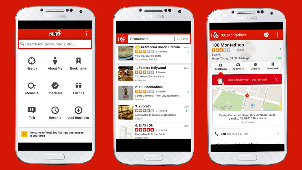 Screenshots of the Yelp mobile app showing the main menu, a list of restaurant search results, and details of a specific restaurant in Barcelona.