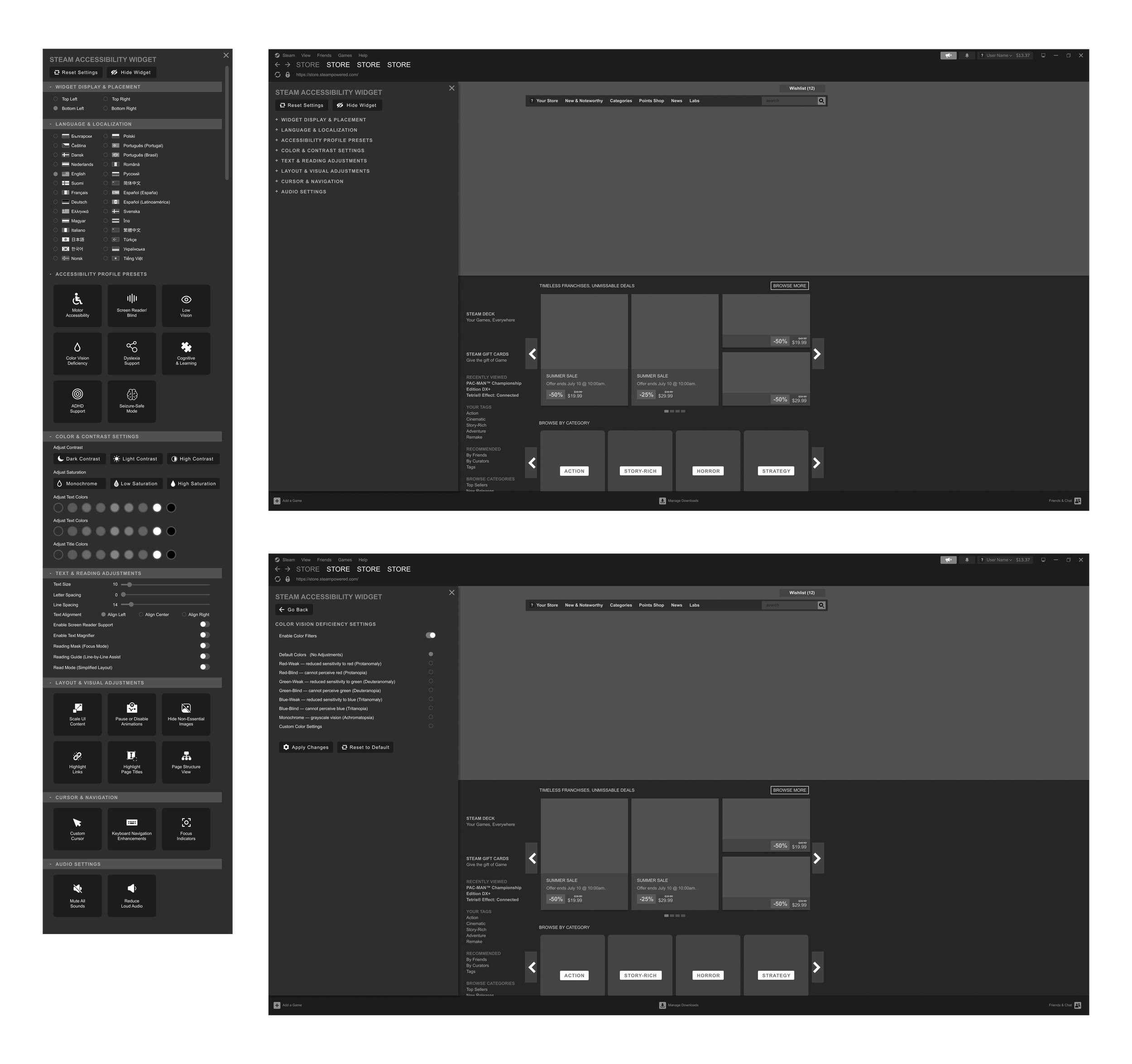 Screenshot of Steam's accessibility widget and store page, showing various customization options for display, color, text, cursor, audio, and layout settings.