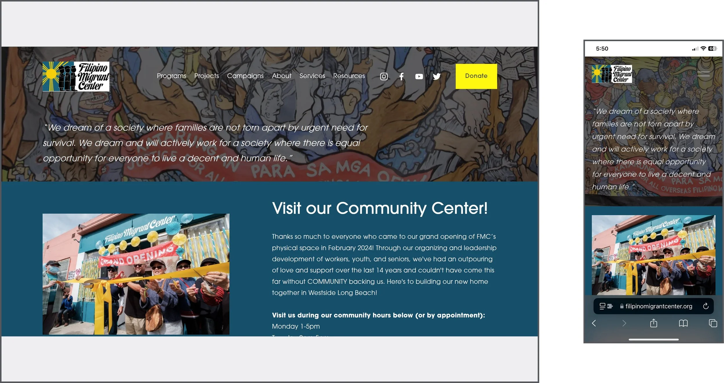 Screenshot of the Filipino Migrant Center website featuring a mural of diverse people in the background, a quote about society and families, and a photo of a grand opening event with people cutting a ribbon outside the center.